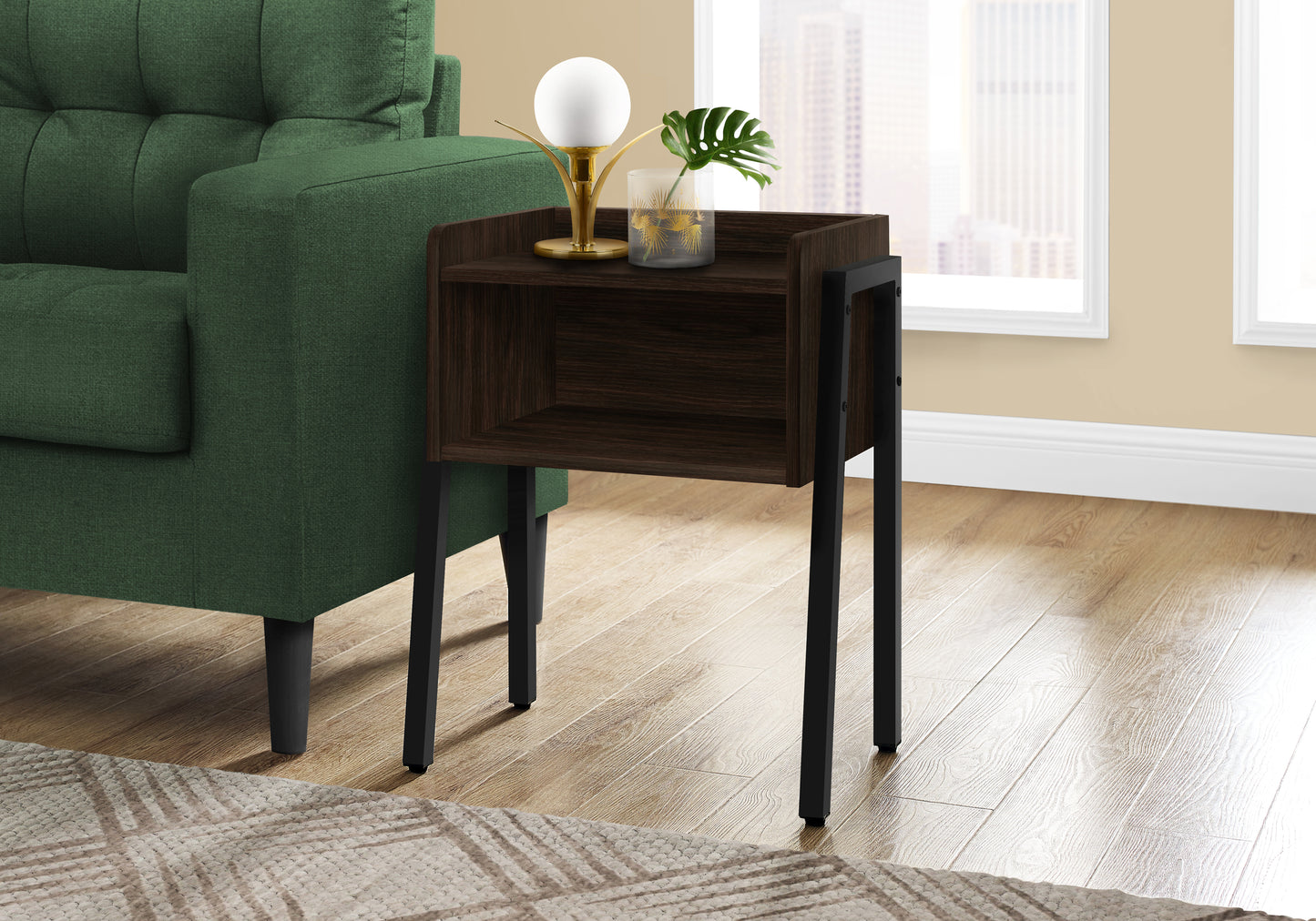 Dark walnut side table with black metal frame and open shelf perfect accent for living rooms