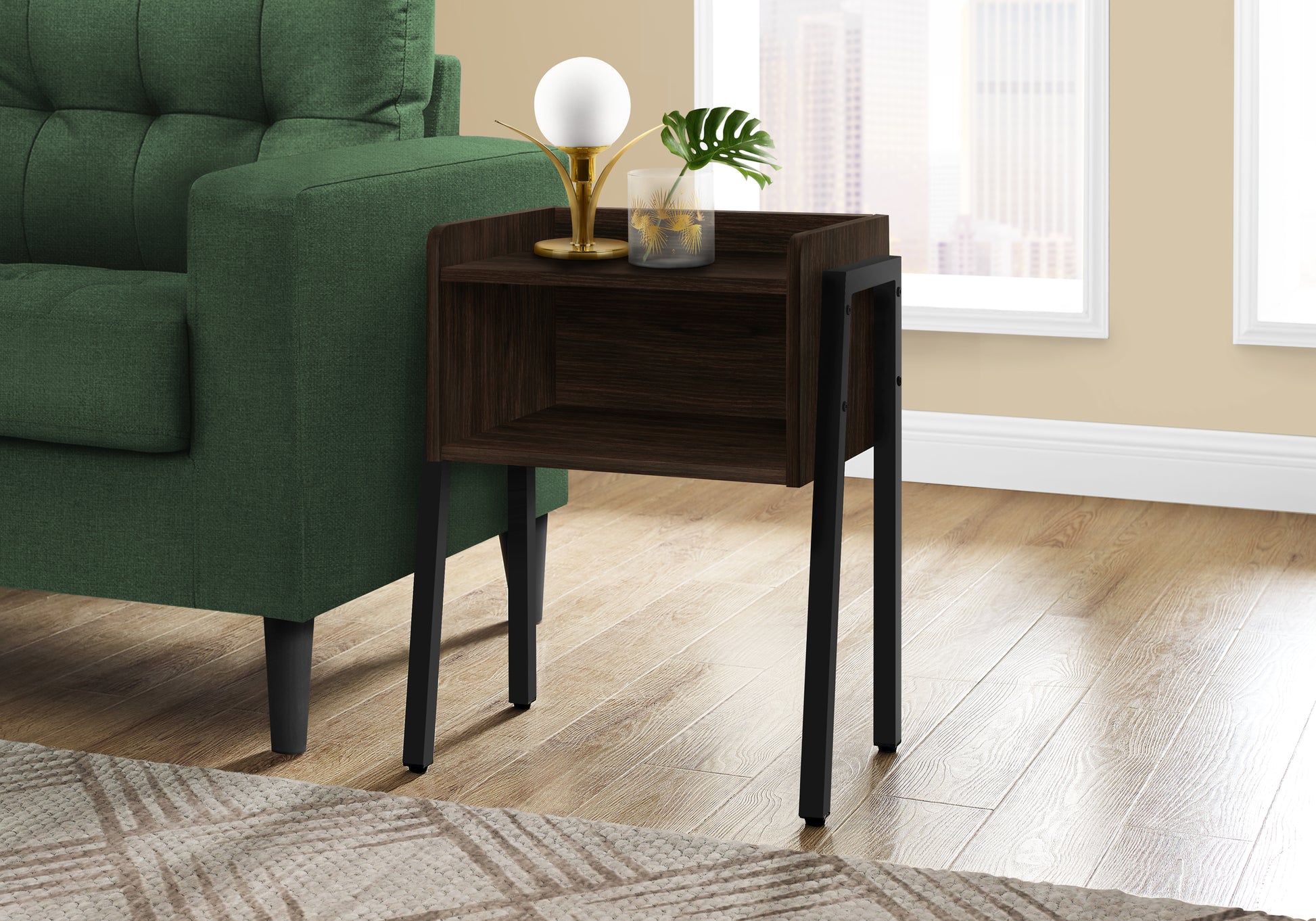 Dark walnut side table with black metal frame and open shelf perfect accent for living rooms