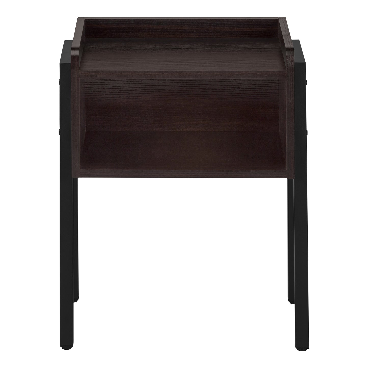 Modern dark wood nightstand with black metal frame and open shelf