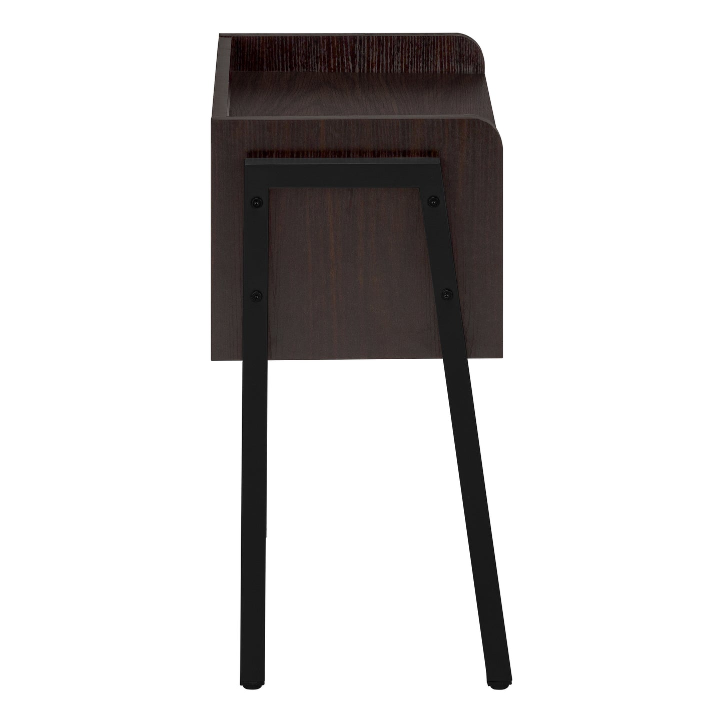 Dark wood bedside table with sleek black metal legs and minimalist design