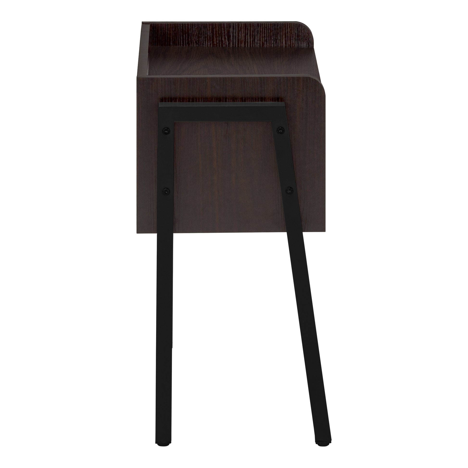 Dark wood bedside table with sleek black metal legs and minimalist design