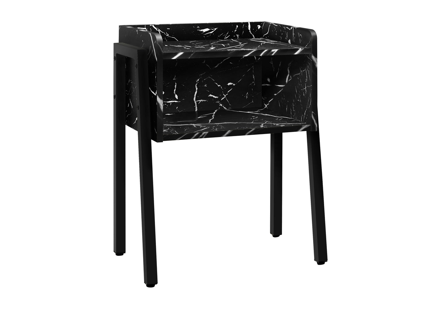 Black marble bedside table with a modern metal frame and open shelf