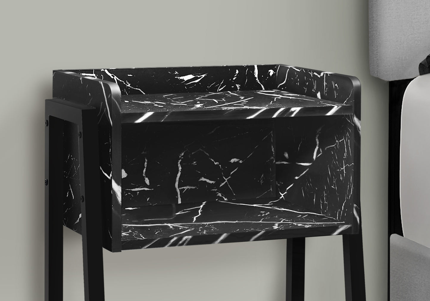 Black marble bedside table with open shelf and metal frame modern accent furniture