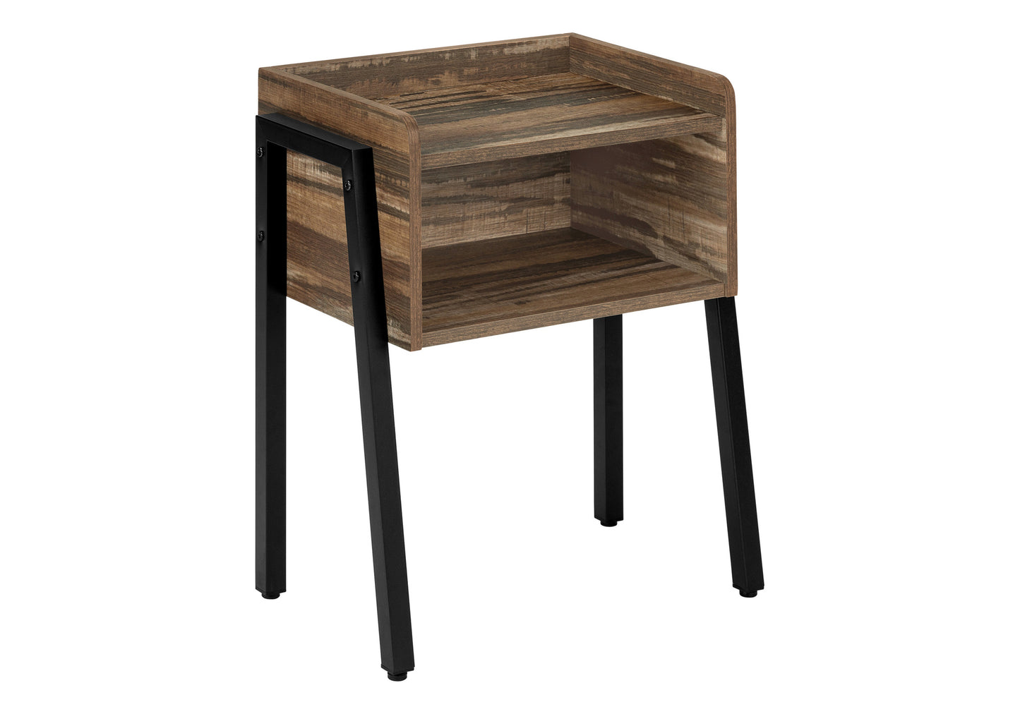 Rustic wood grain end table with black metal frame and open shelf