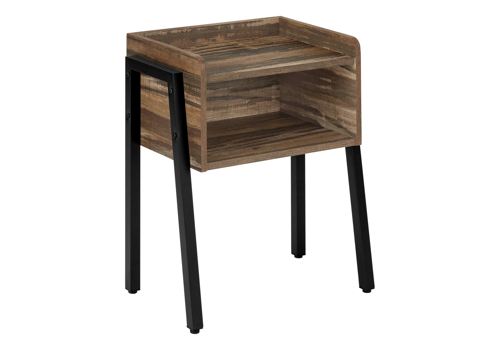 Rustic wood grain end table with black metal frame and open shelf