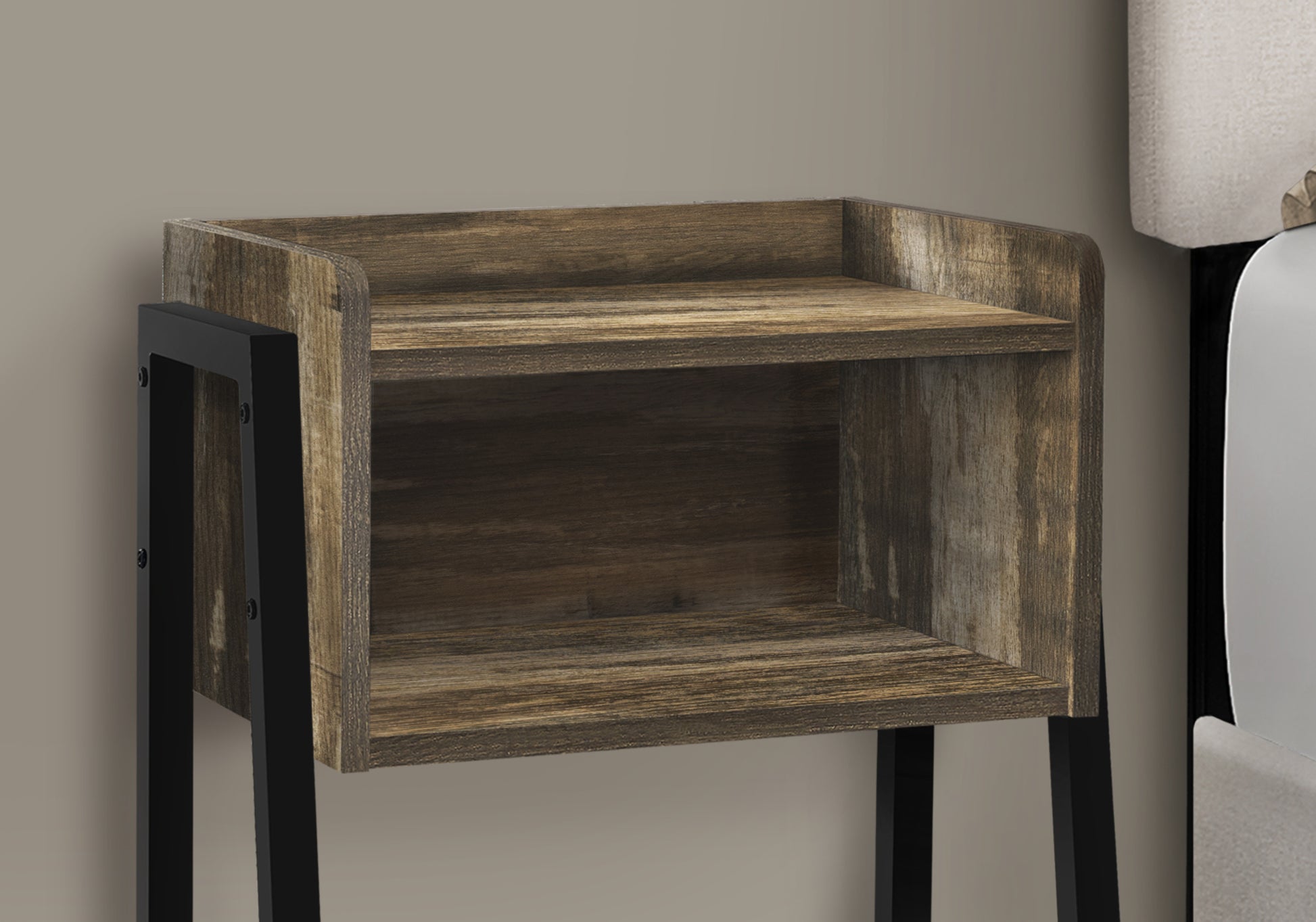 Rustic wood nightstand with open shelf and black metal frame