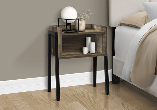 Industrial style nightstand with weathered wood finish and black metal frame