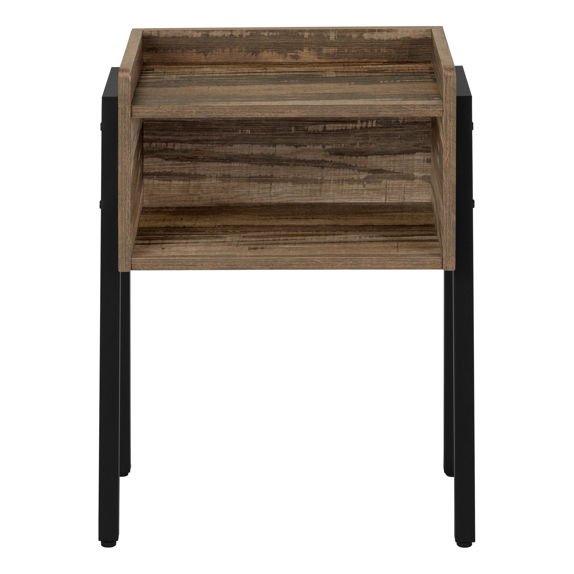 Rustic wood and black metal end table with open shelving for bedside storage