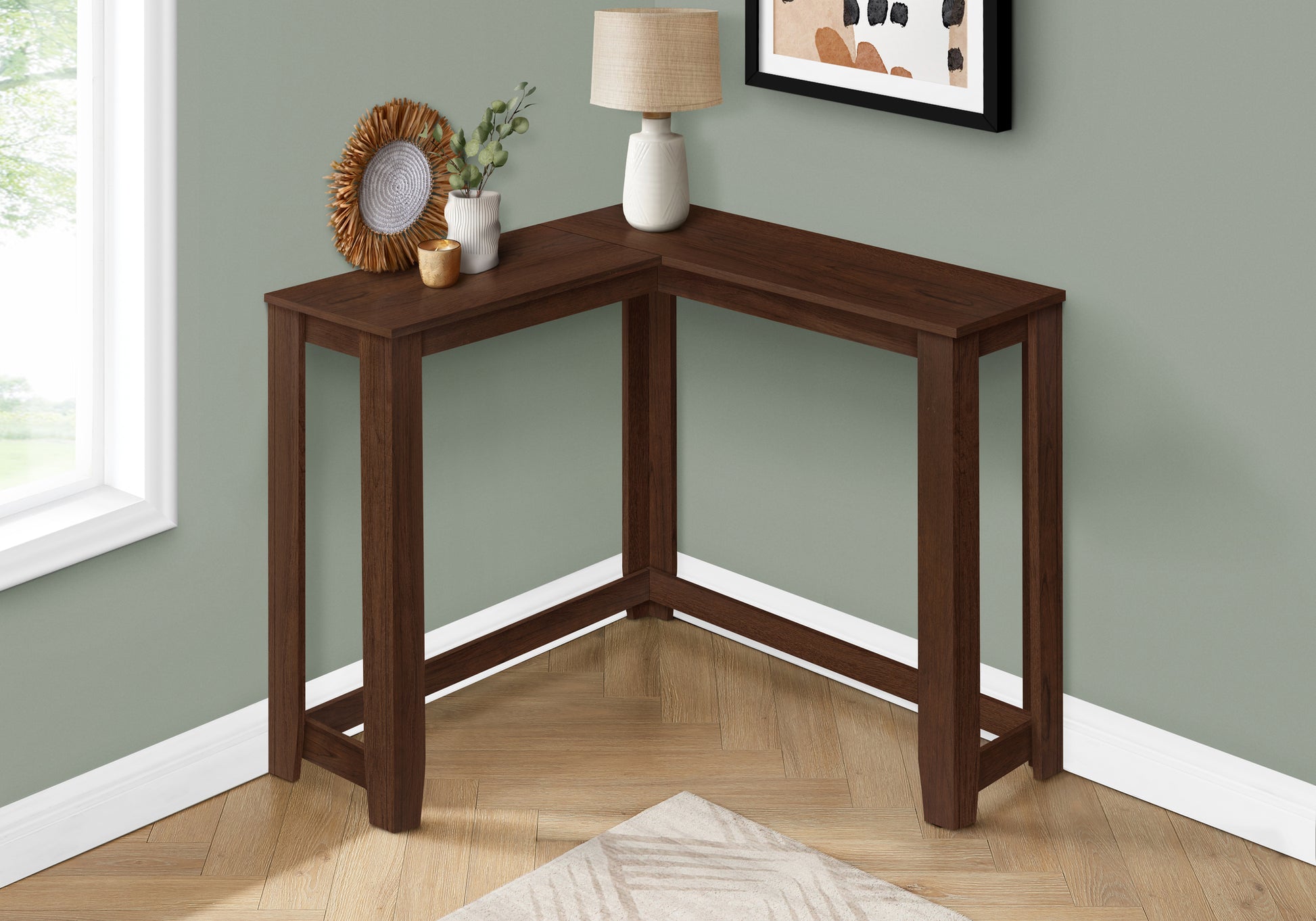 Dark espresso corner console table with clean lines and tapered legs