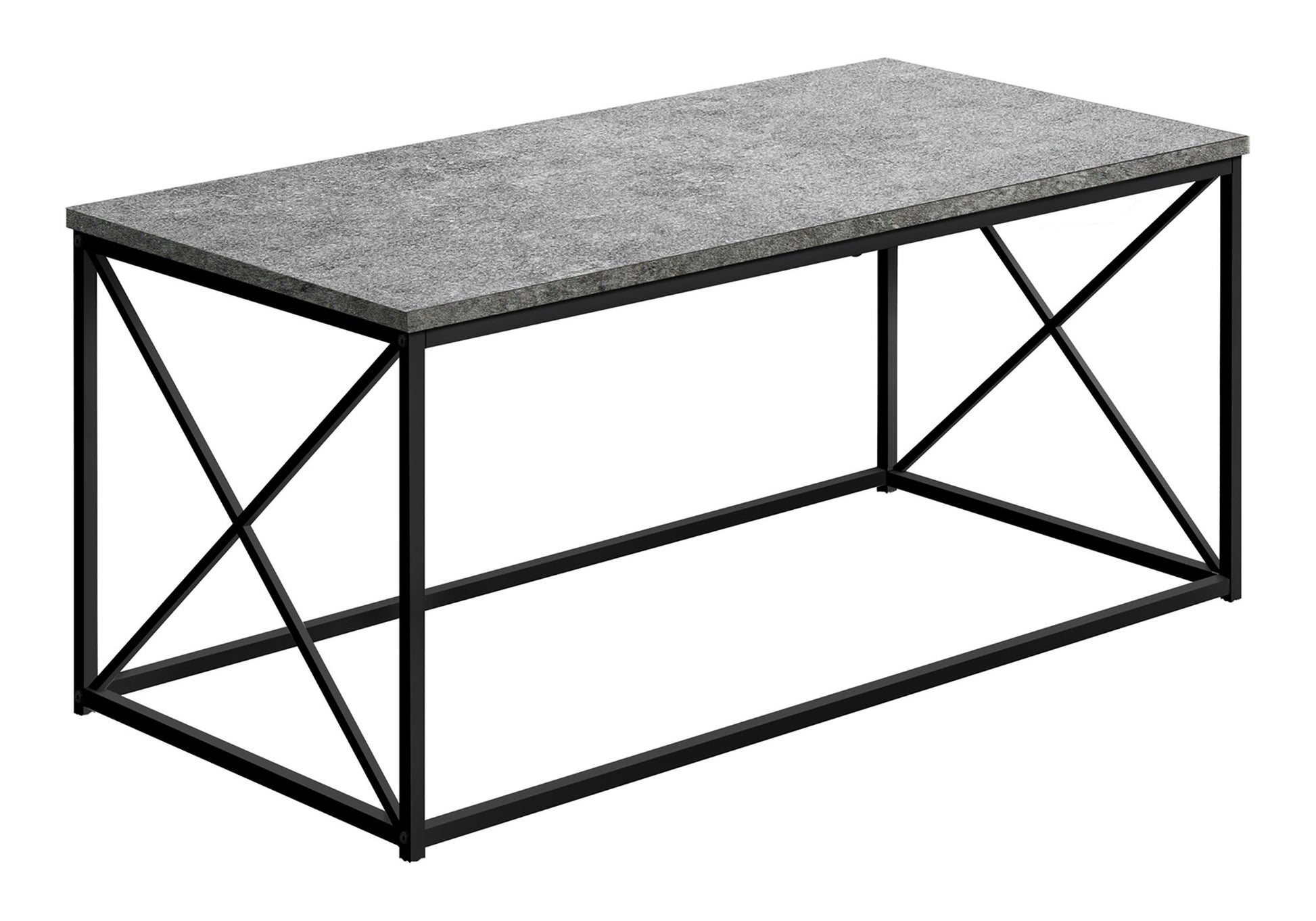 Modern rectangular coffee table with gray faux stone top and black metal frame