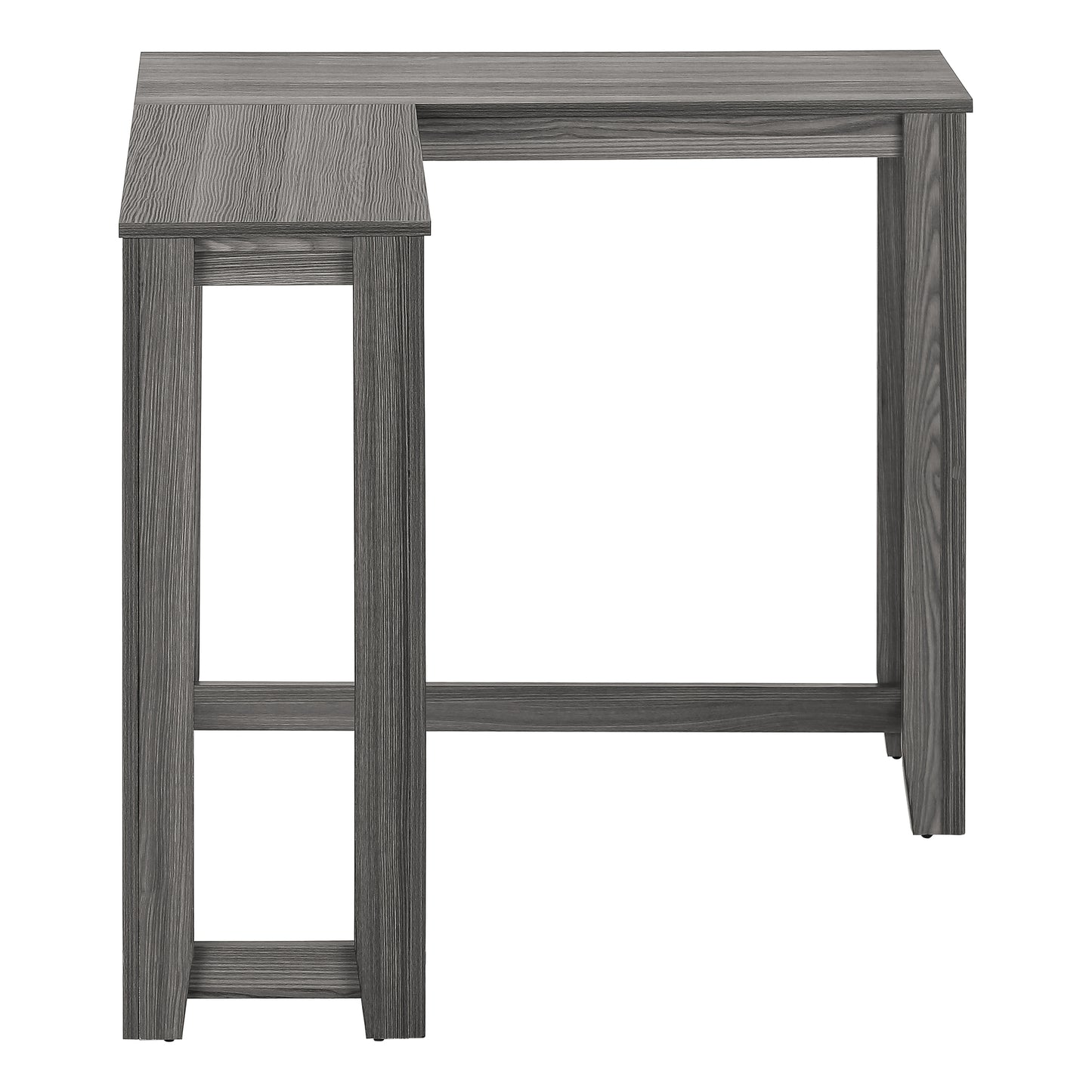 Modern gray wood desk with open shelving and a raised shelf for small office essentials