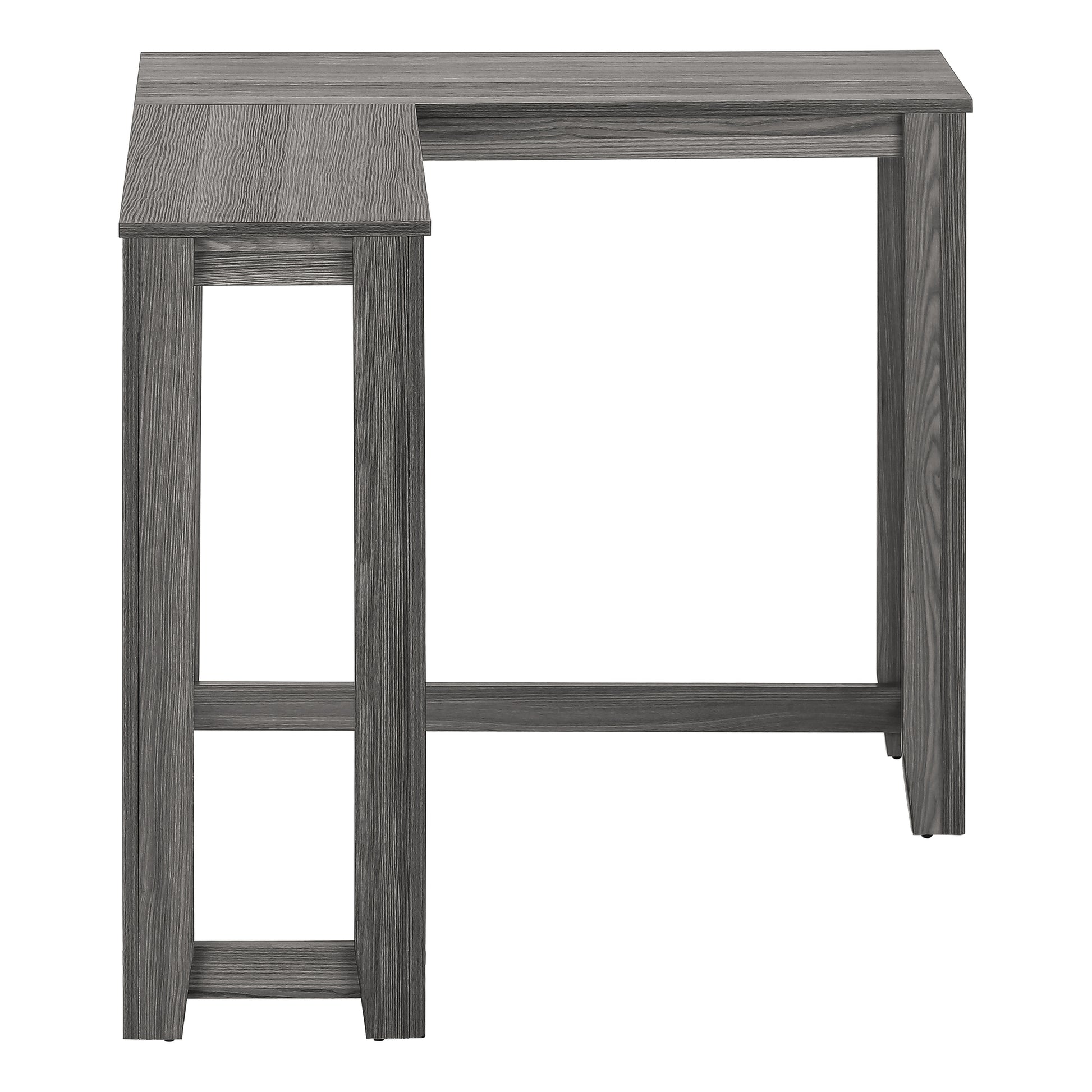 Modern gray wood desk with open shelving and a raised shelf for small office essentials