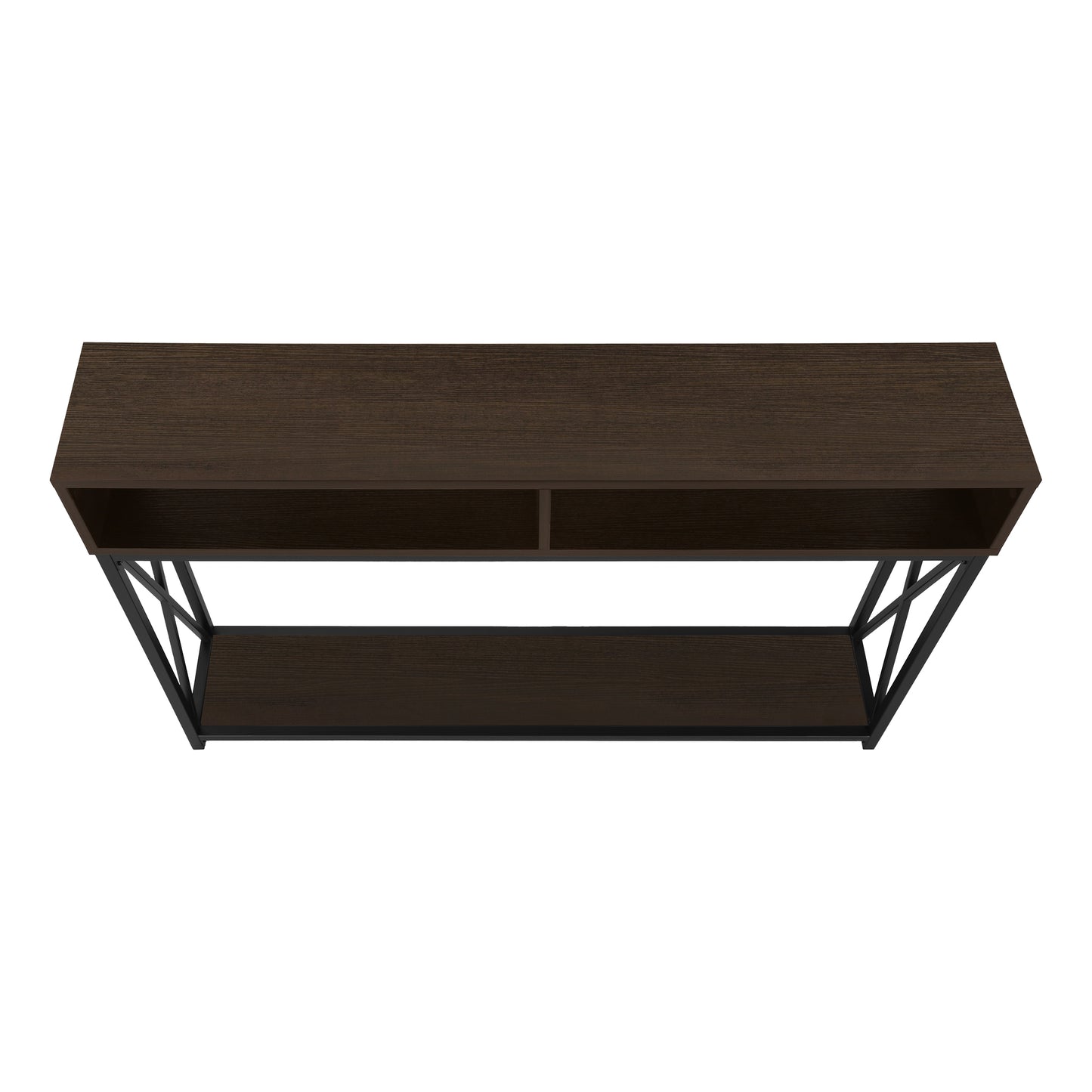 Dark wood console table with black metal frame and Xshaped legs