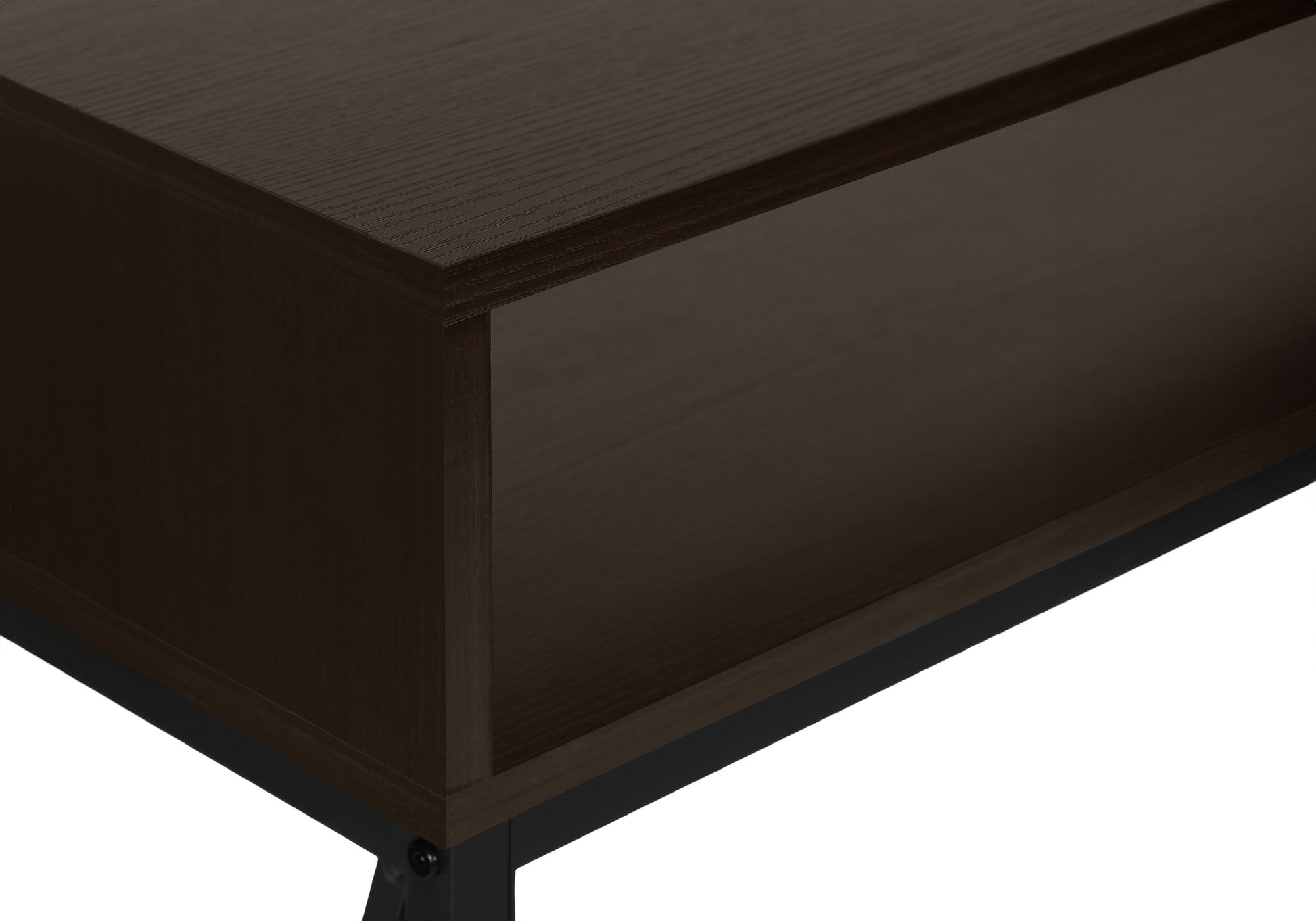 Dark wood veneer side table with an open shelf for storage and a sleek modern design