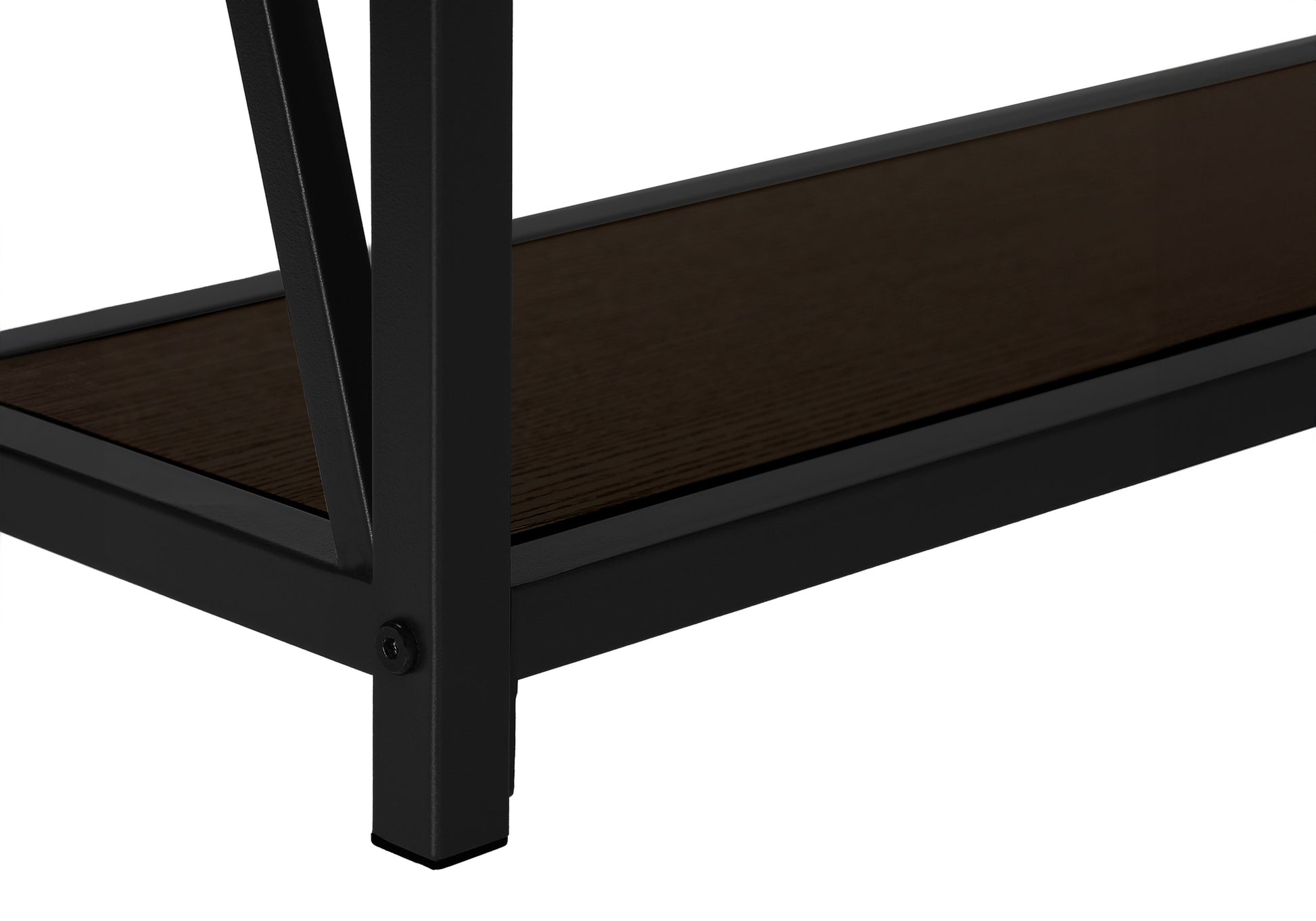 Black metal frame console table with dark wood shelf detail