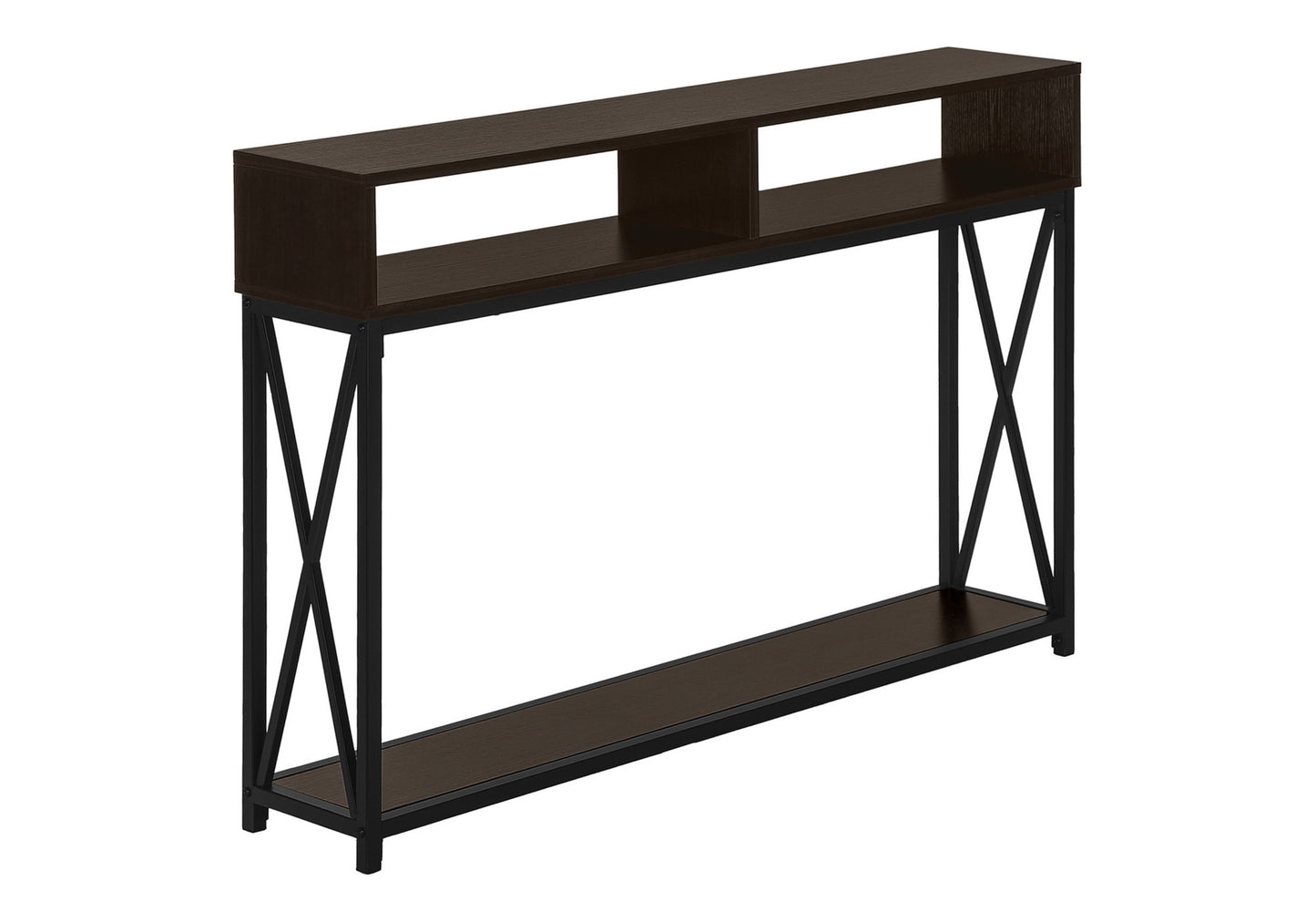 Dark wood narrow console table with metal Xframe legs and two open shelves