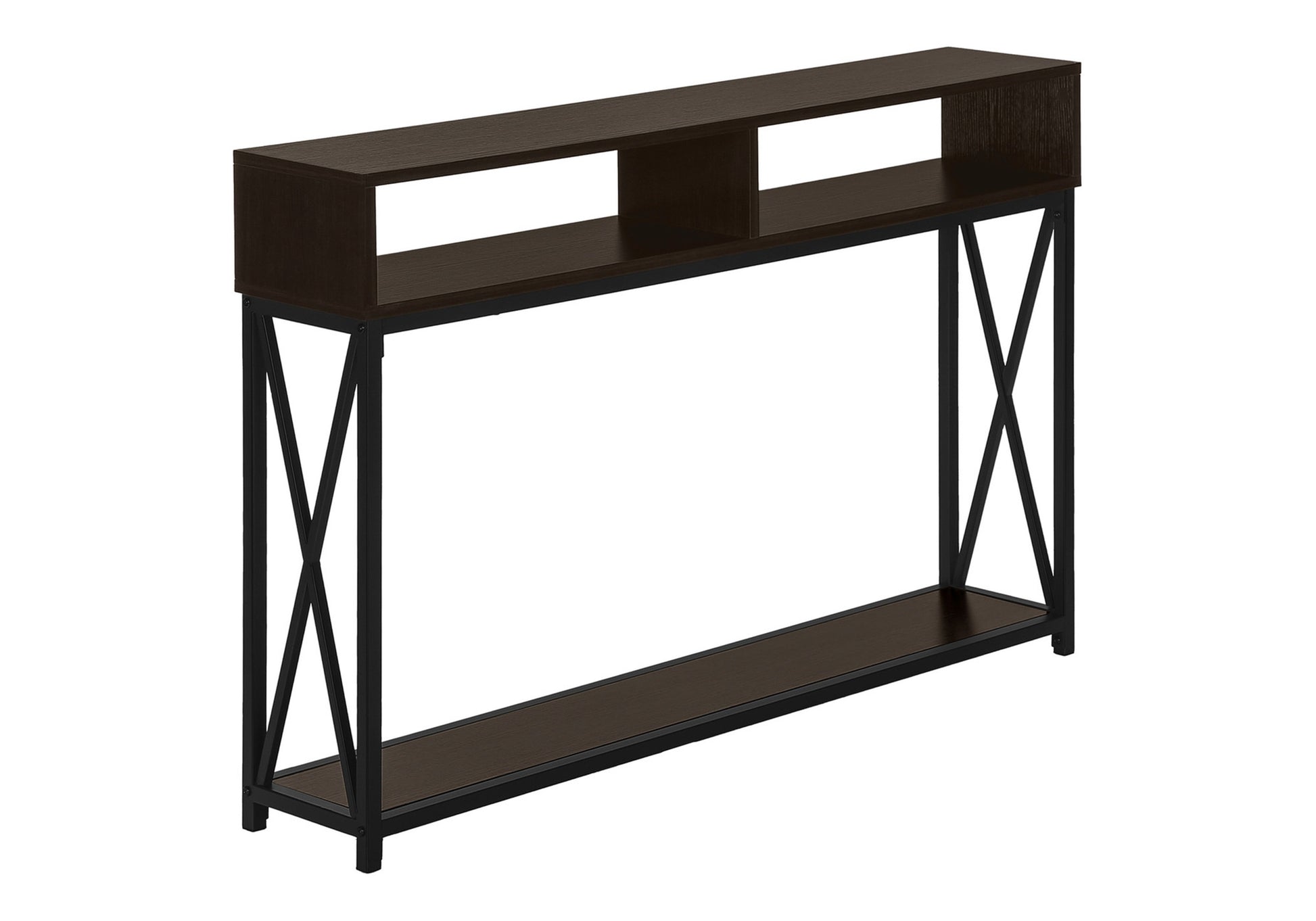 Dark wood narrow console table with metal Xframe legs and two open shelves