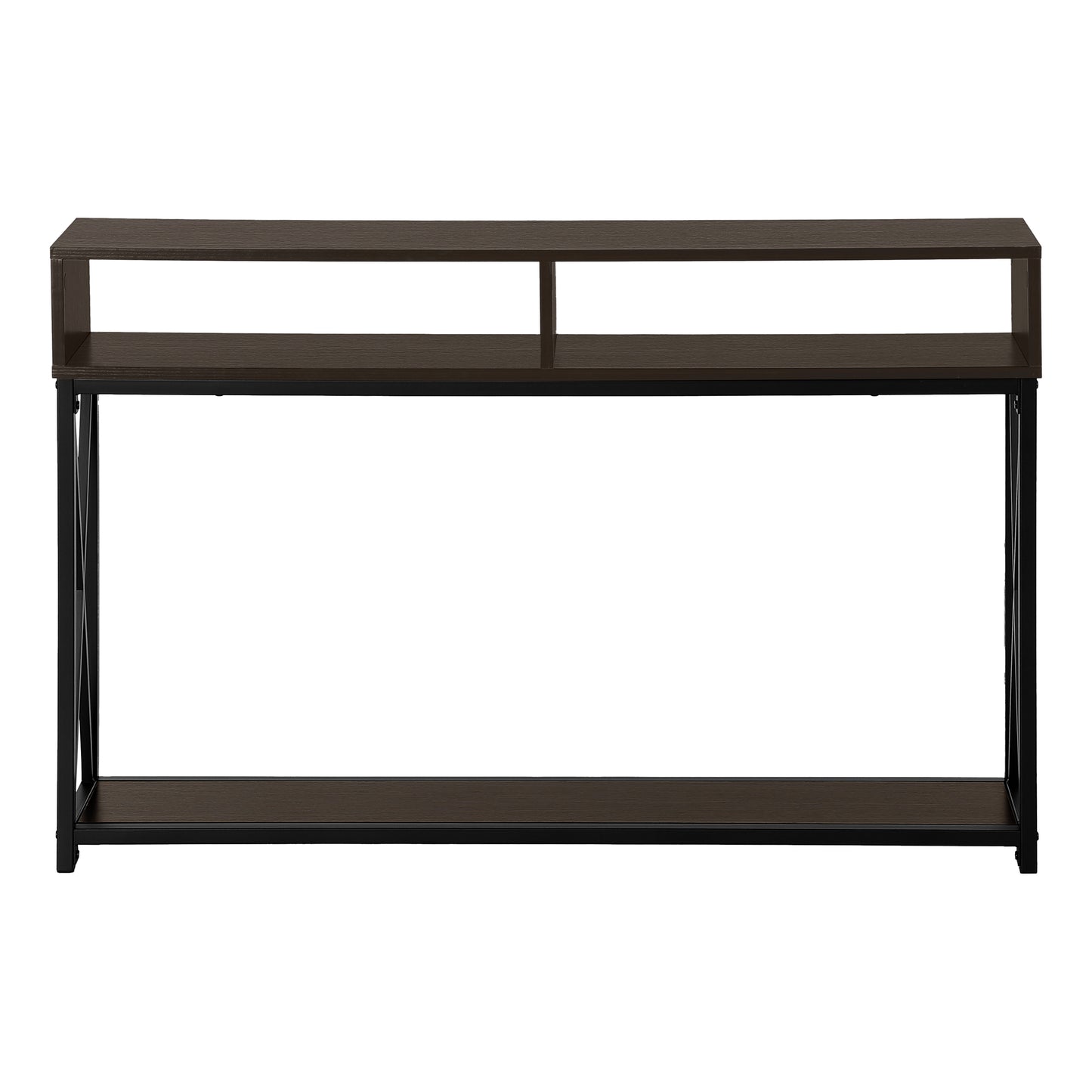 Dark wood console table with open shelving and black metal frame