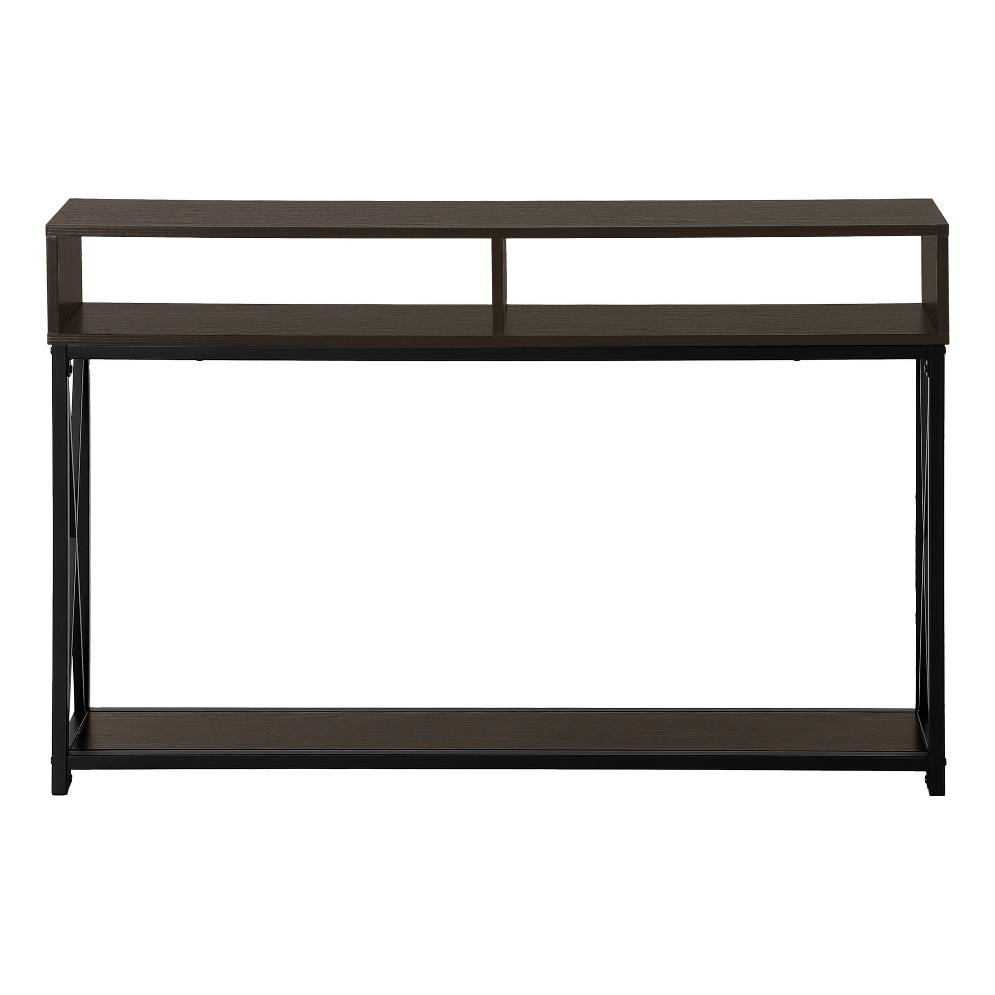 Dark wood console table with open shelving and black metal frame