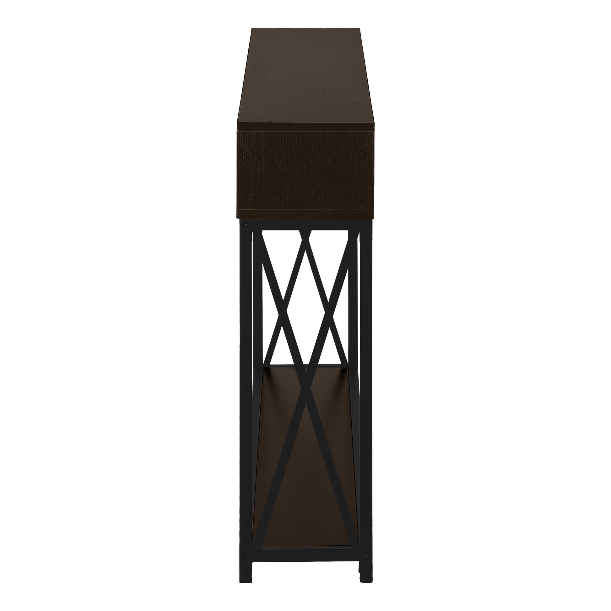 Dark brown wood grain console table with black metal Xframe legs and one drawer