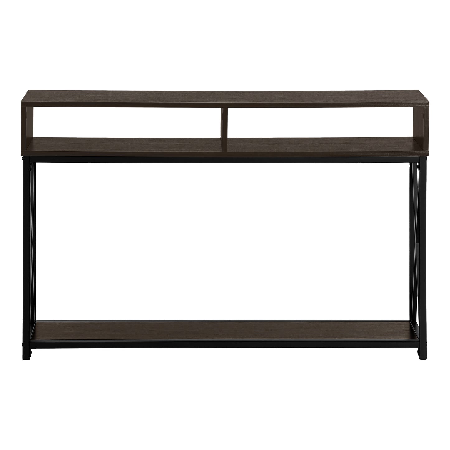 Dark brown wood console table with black metal frame and two open shelves
