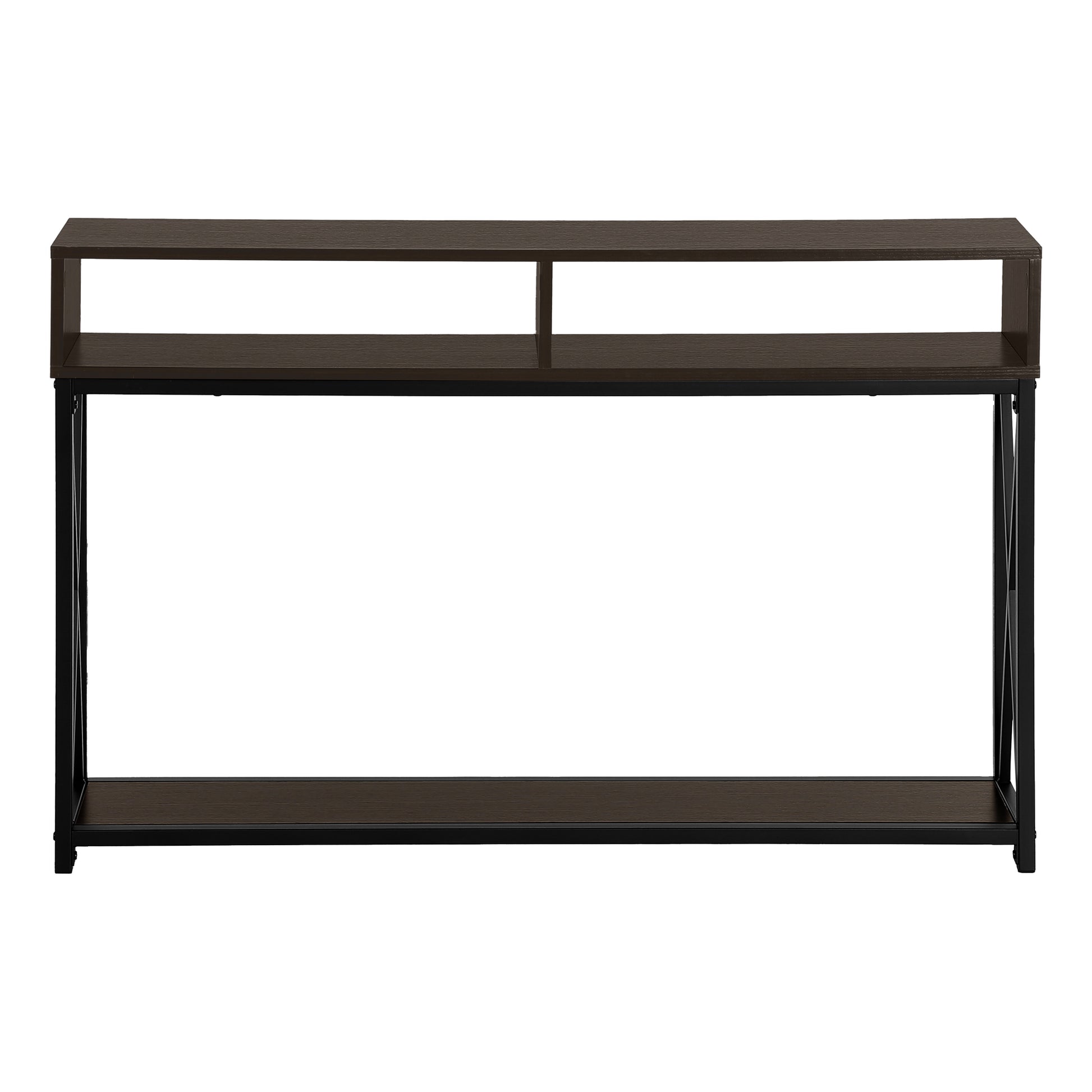 Dark brown wood console table with black metal frame and two open shelves