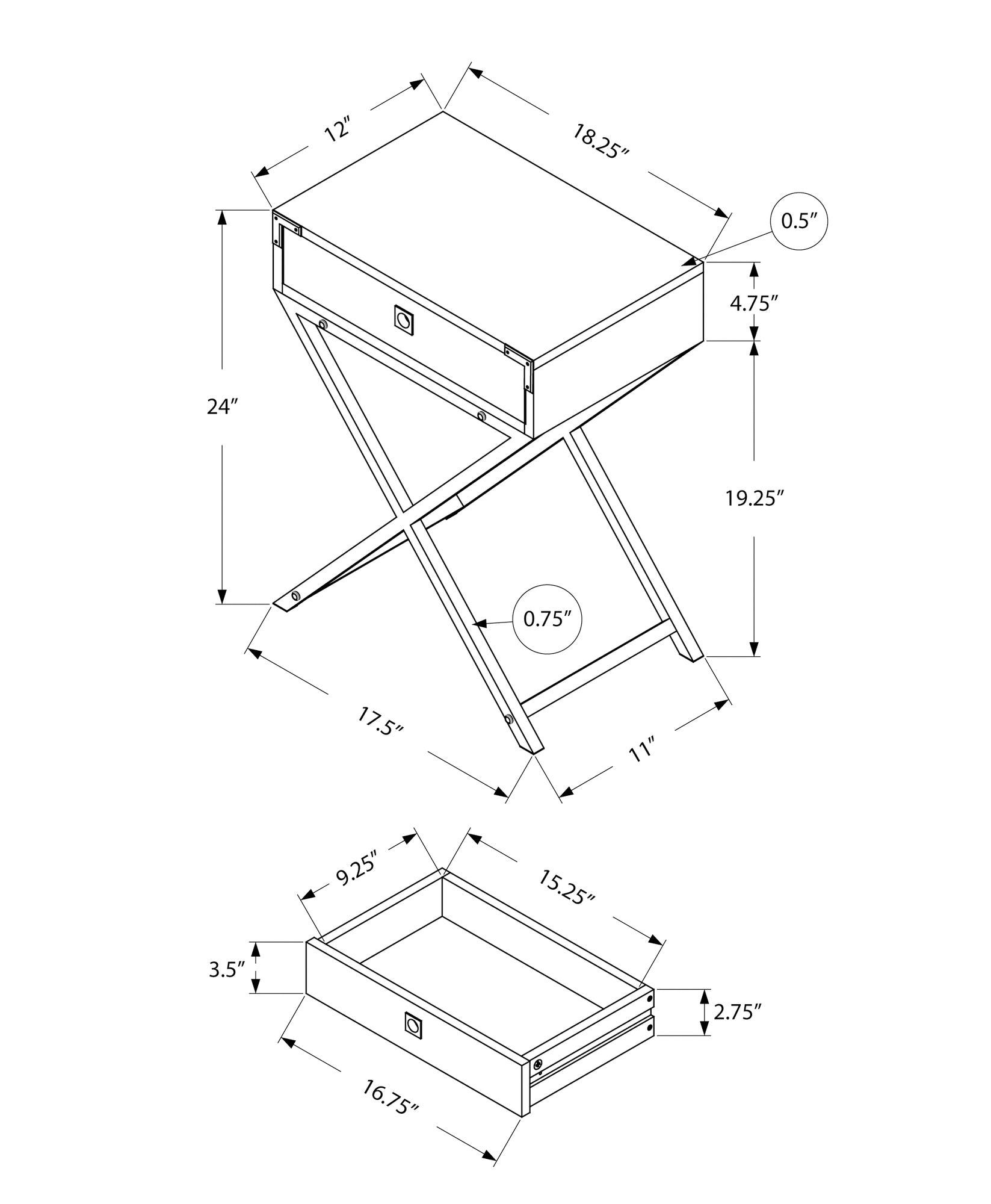 Line drawing of a modern end table with drawer and Xshaped legs showing dimensions