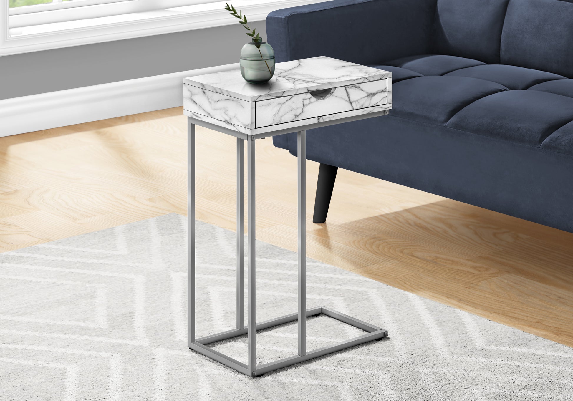 White marble effect Ctable with a single drawer and silver metal frame