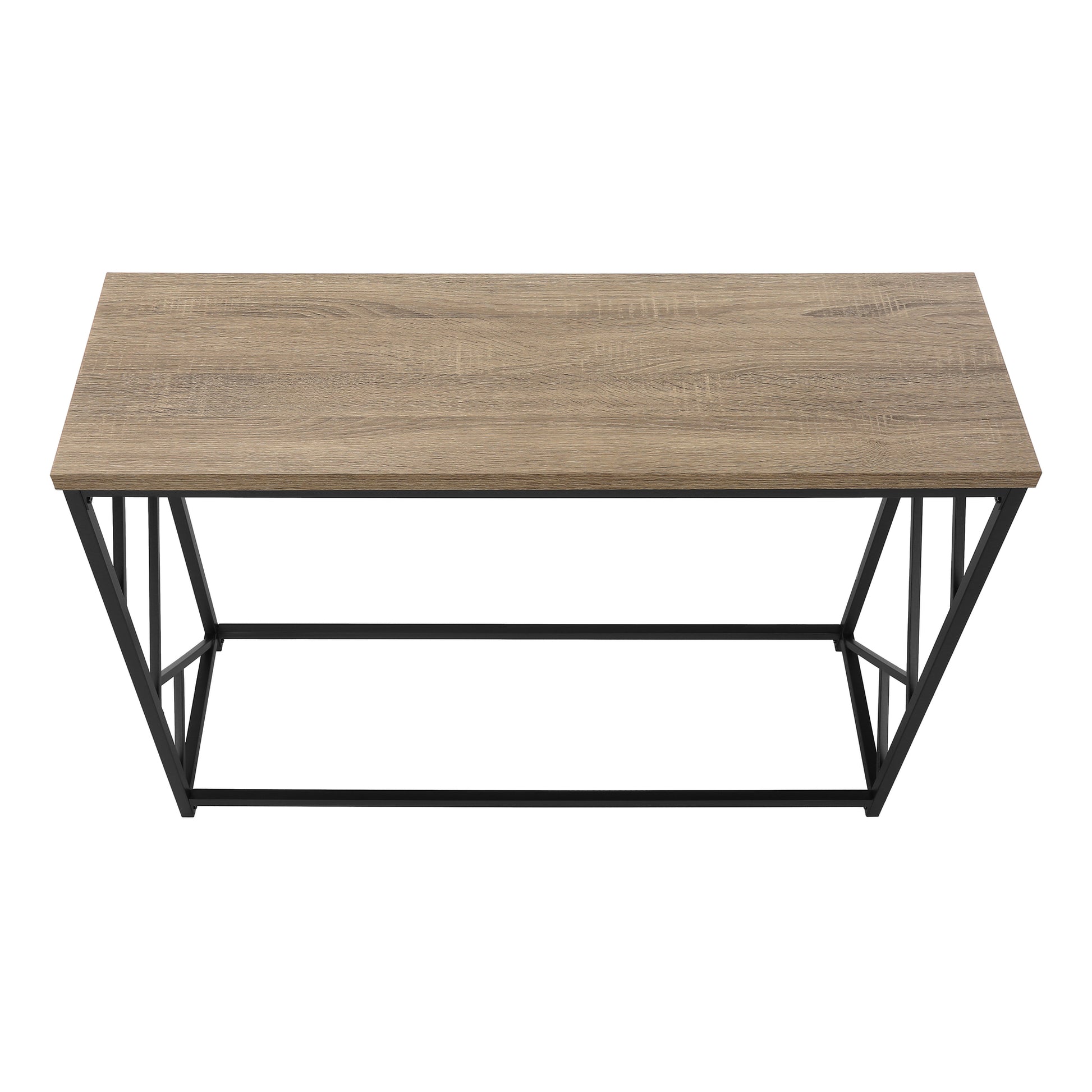 Light brown wood grain coffee table with a black metal frame