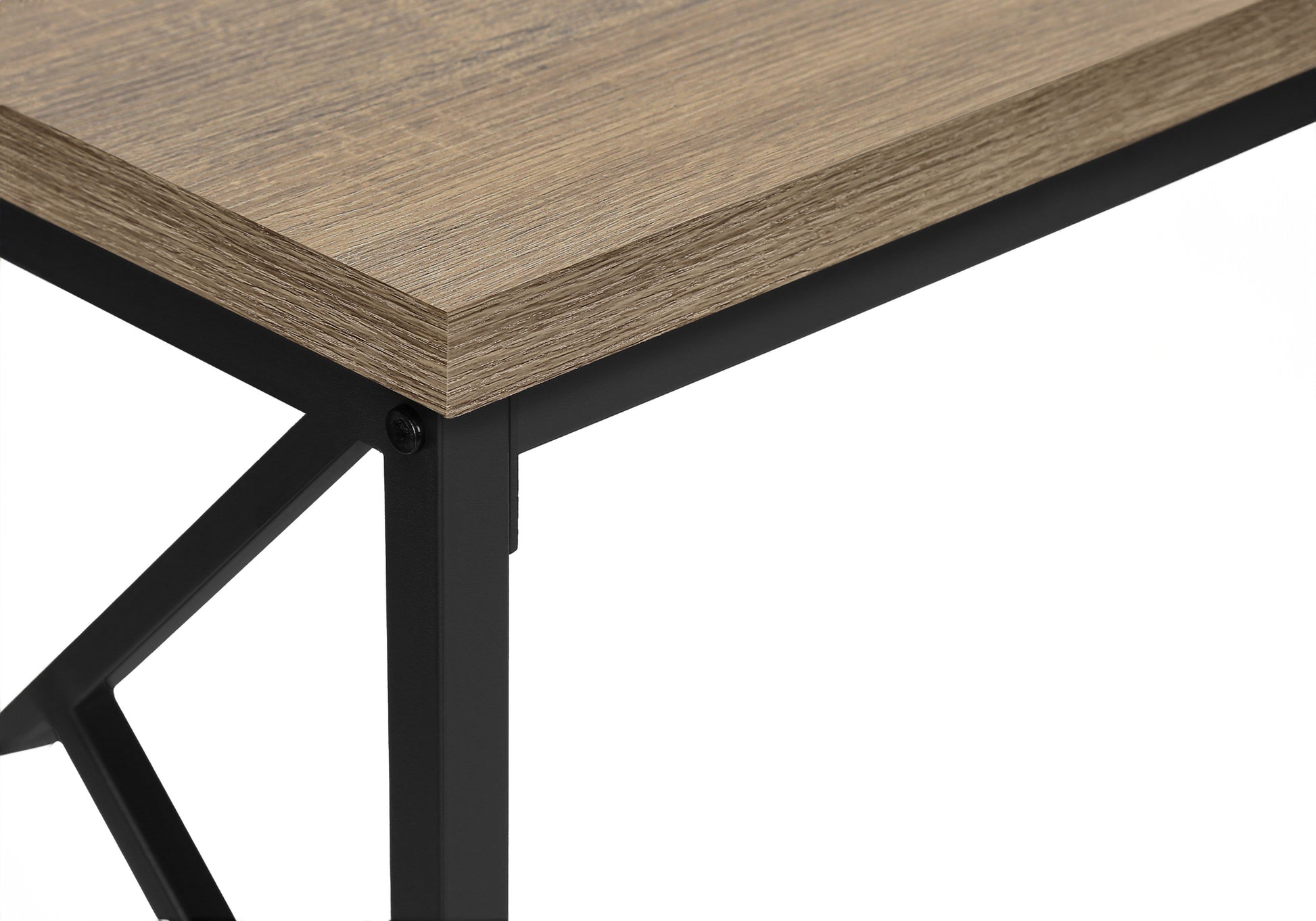 Rustic wood grain desk surface with black metal frame