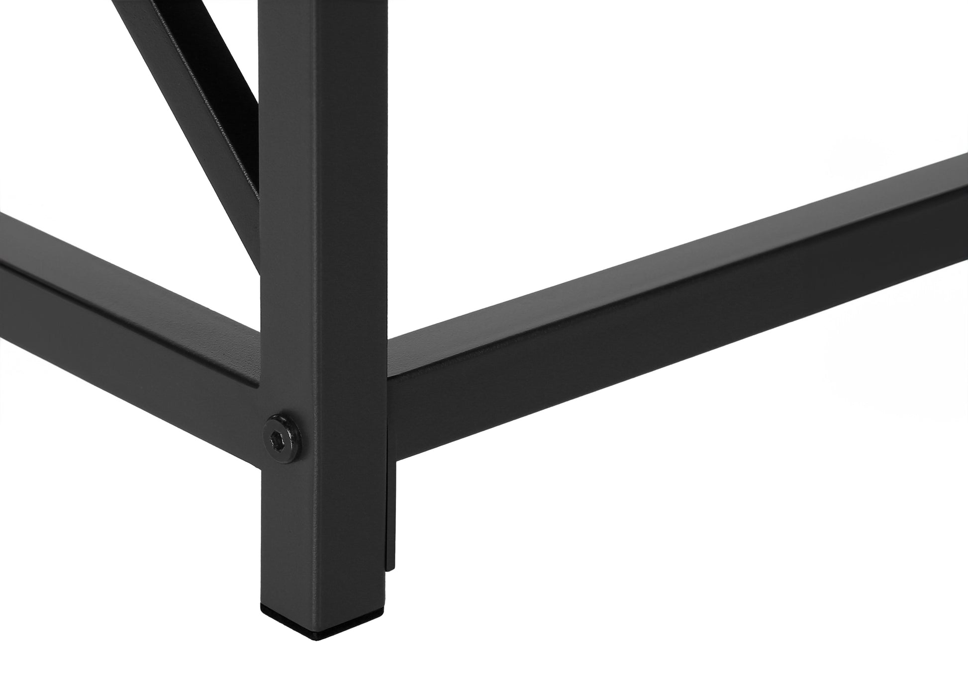 Close up of black metal table leg with hex bolt part of modern furniture