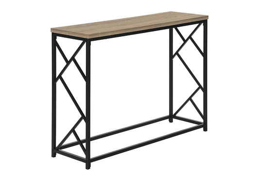Slim oak veneer console table with black geometric metal frame perfect for entryways