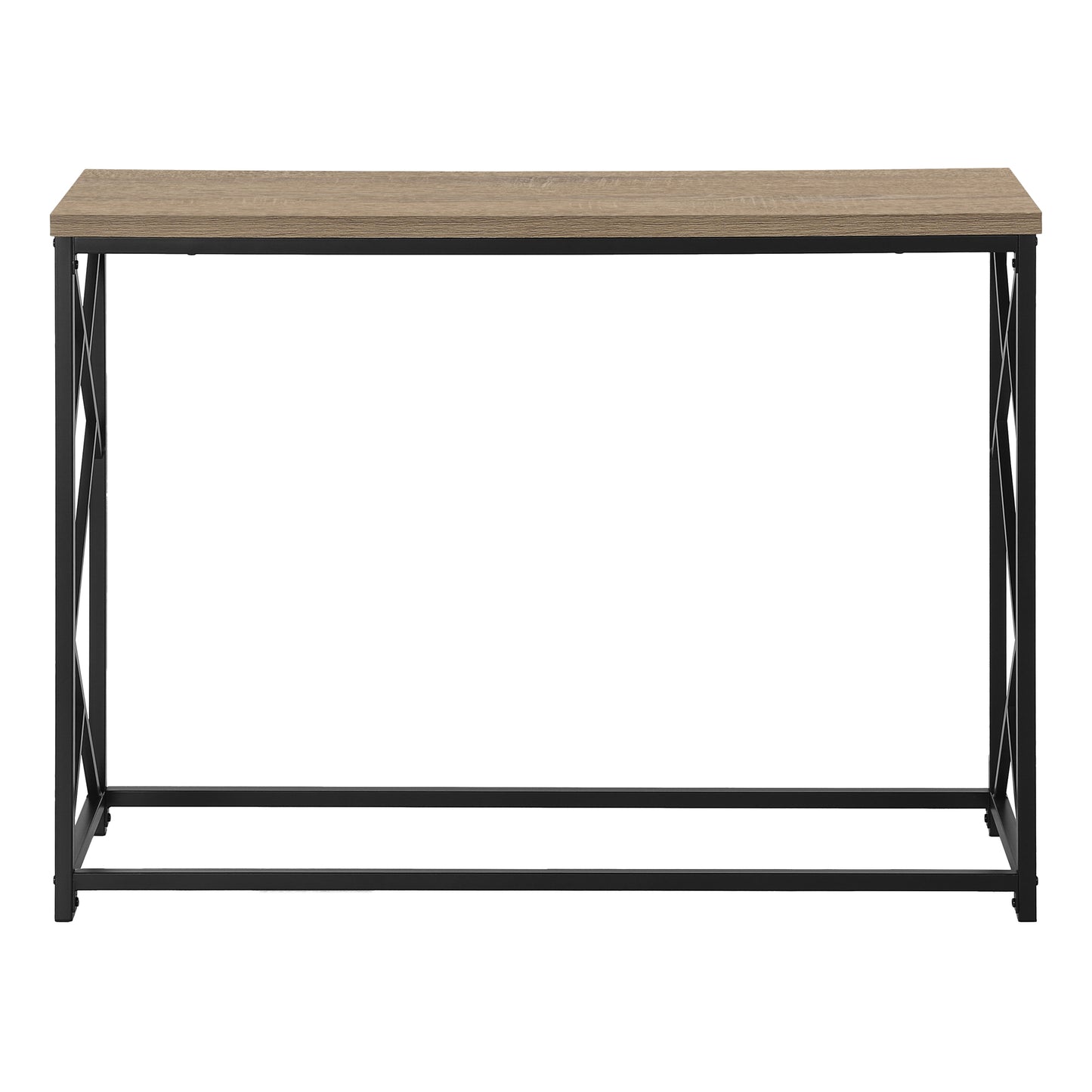 Rustic oak wood console table with black metal frame and Xdesign legs
