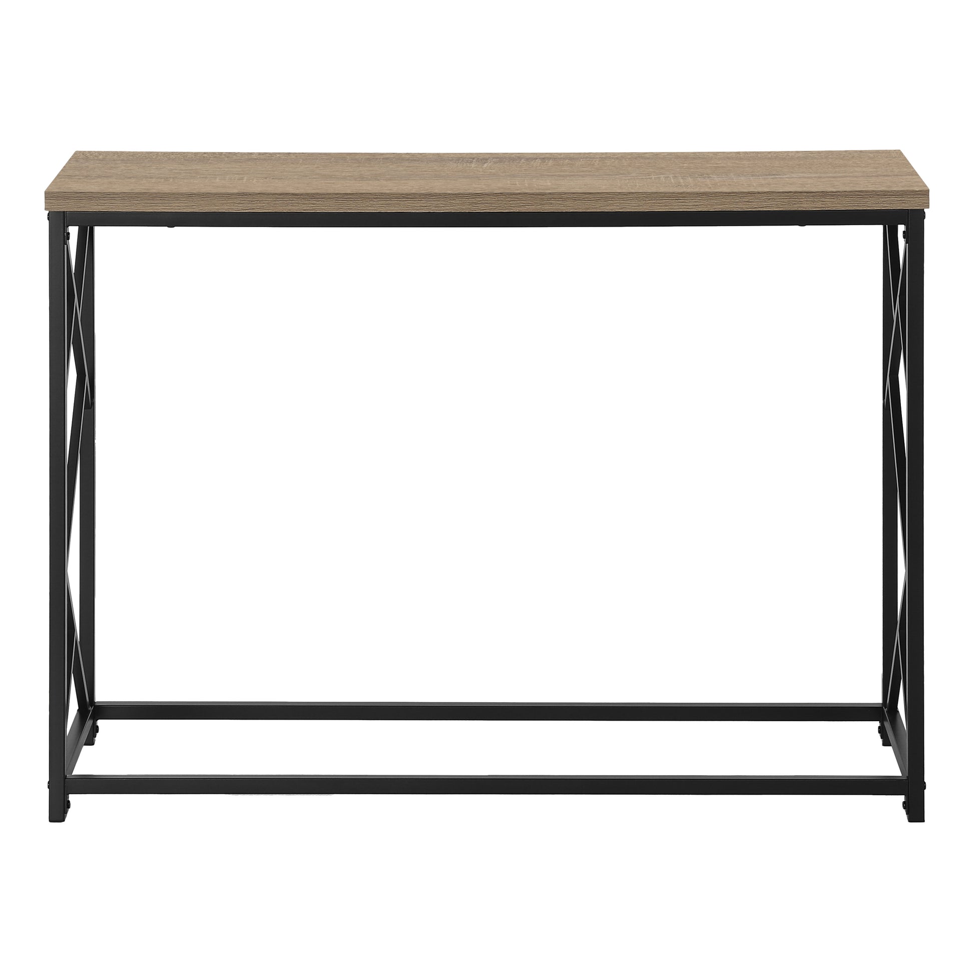 Rustic oak wood console table with black metal frame and Xdesign legs
