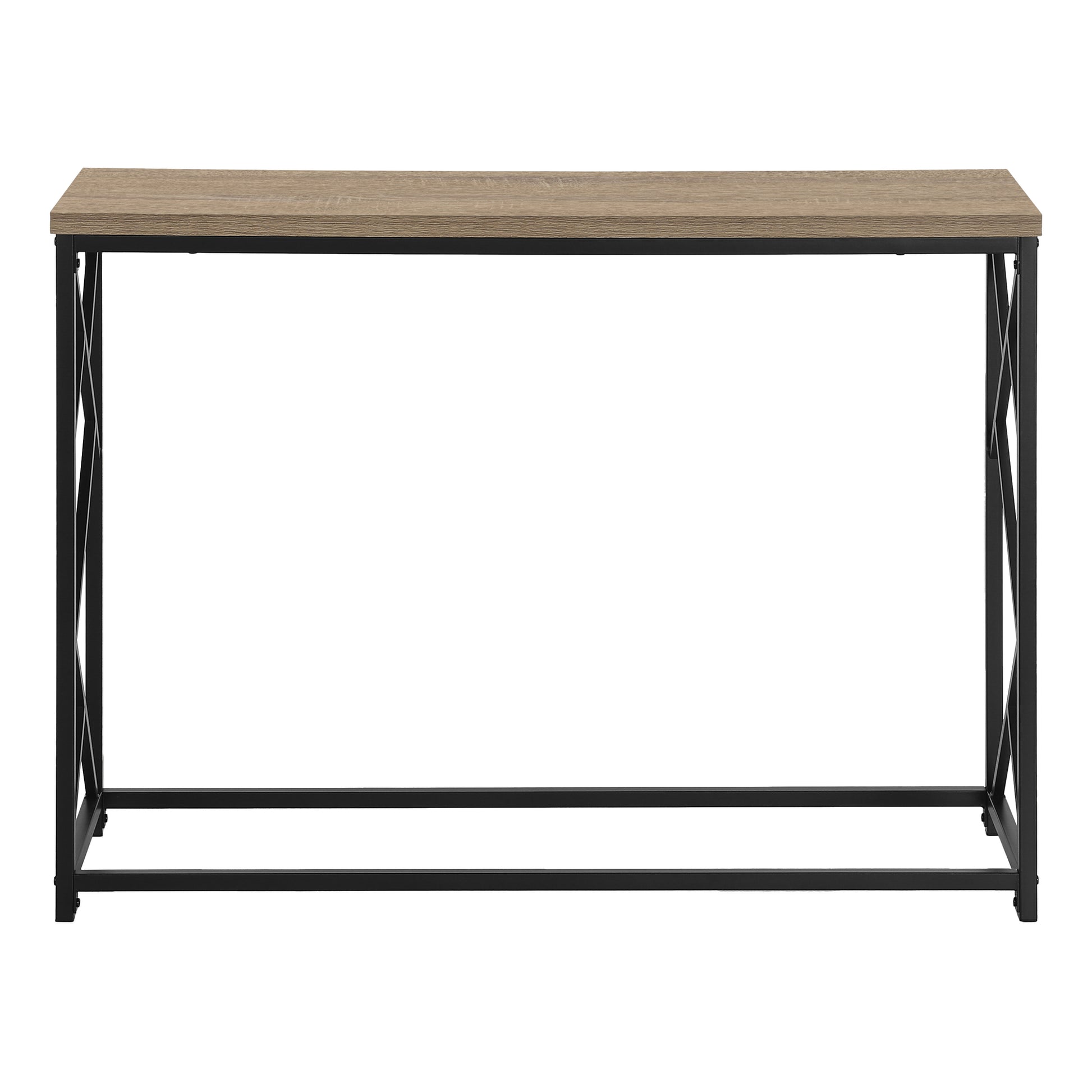 Wooden console table with black metal frame and crisscross legs