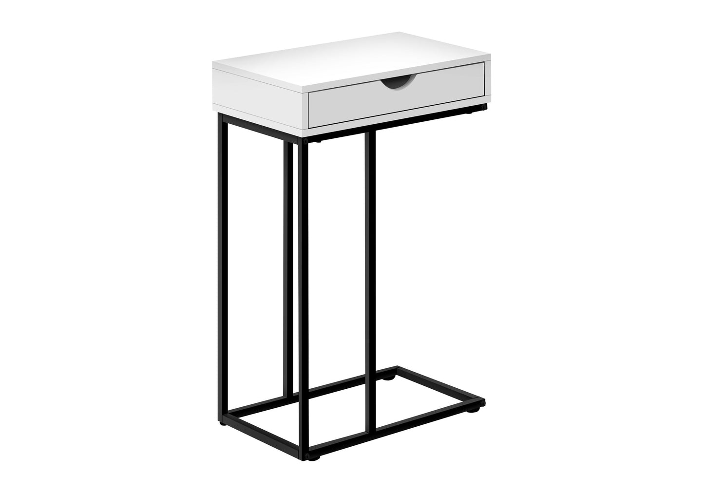 Sleek white bedside table with black metal frame and single drawer for modern bedroom organization