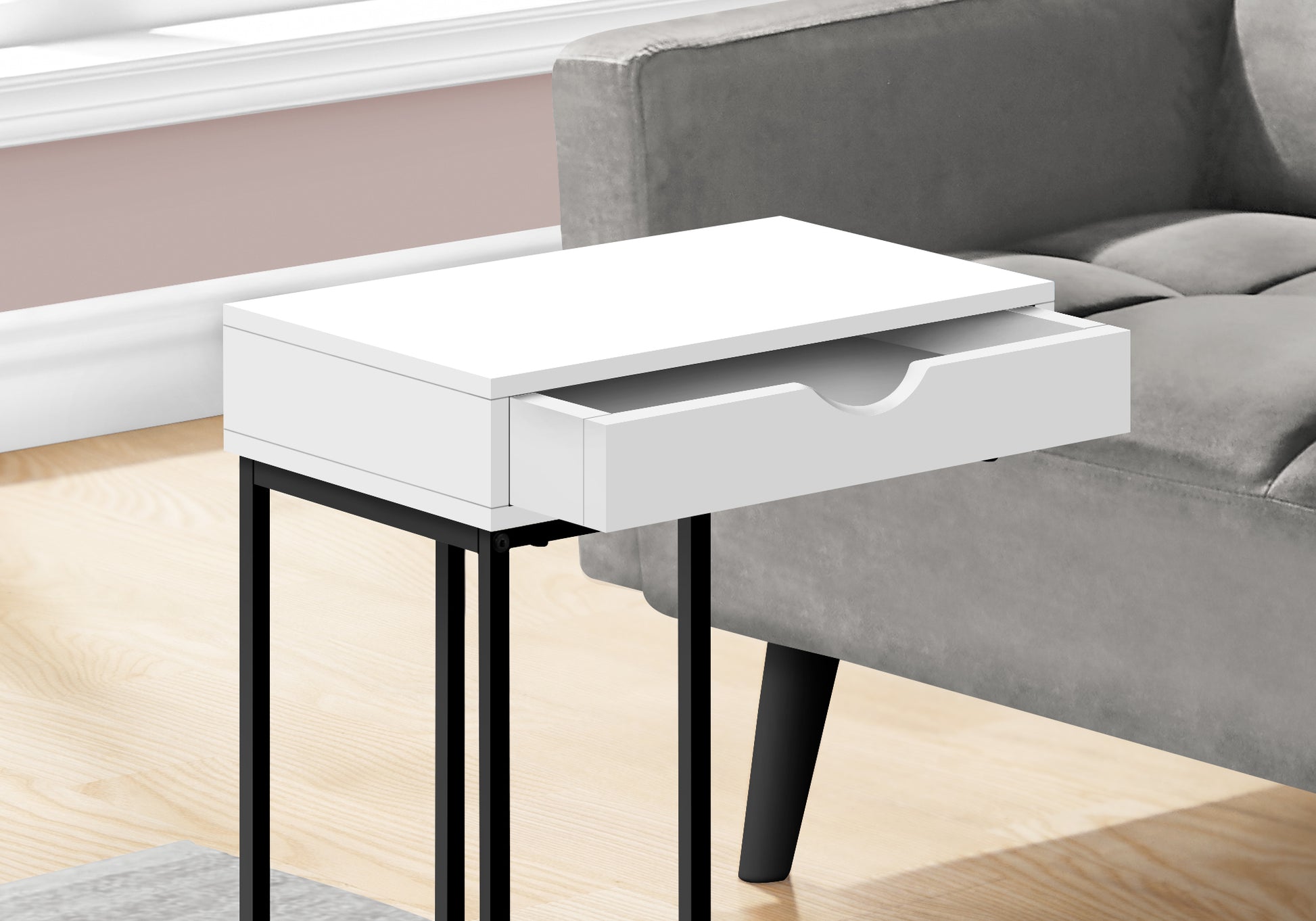 White minimalist end table with open drawer and black metal legs