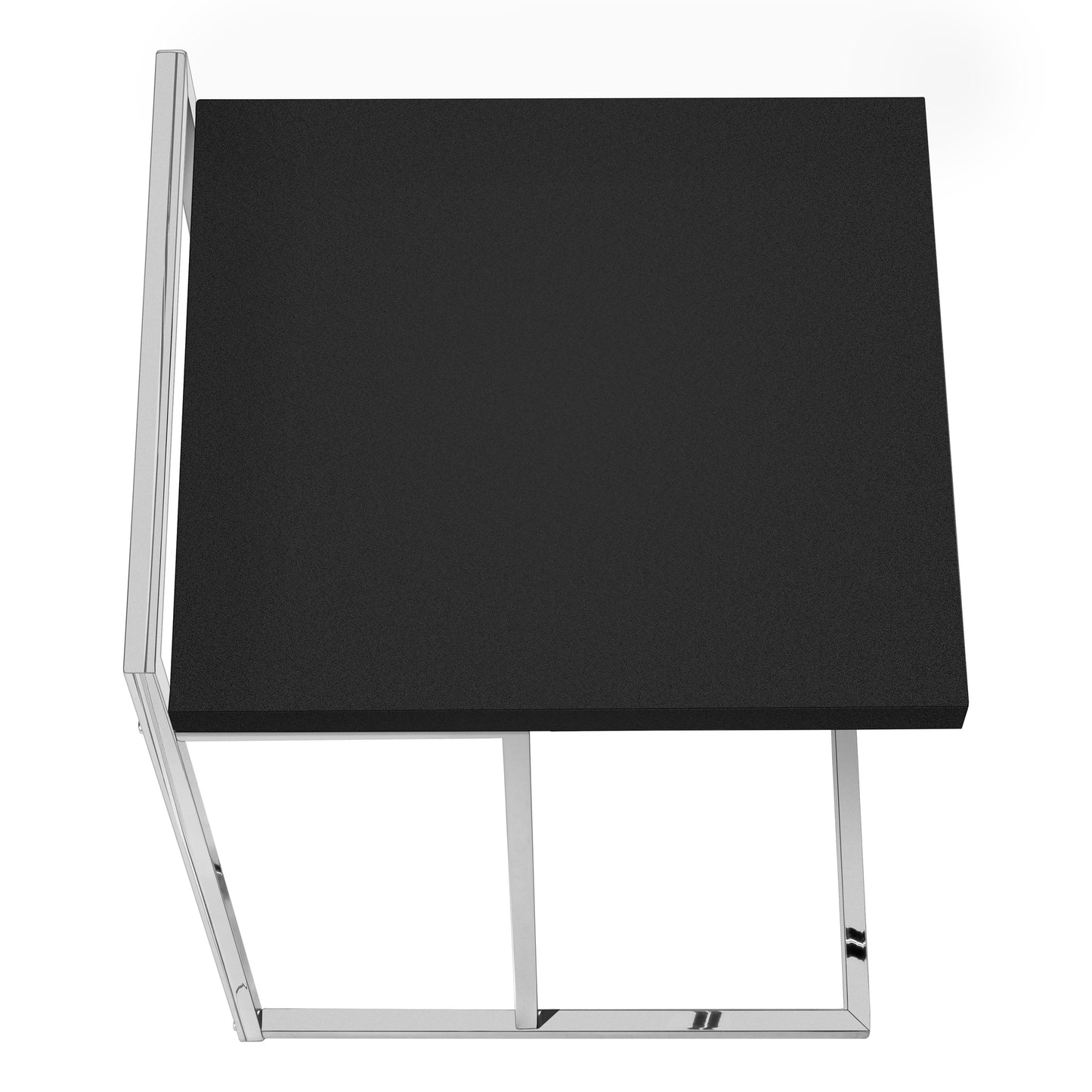 Modern black end table with polished chrome frame and textured top surface