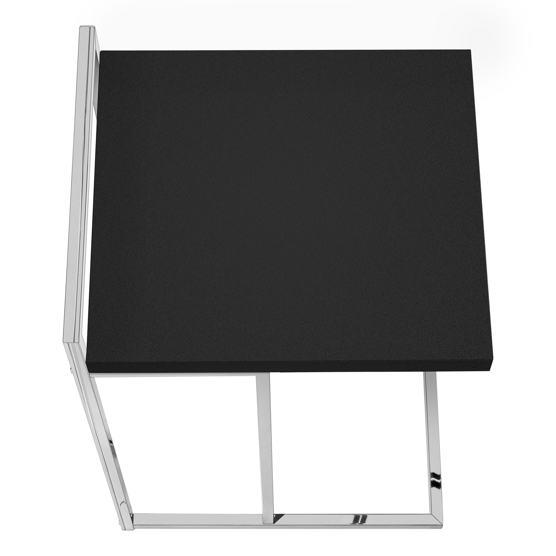 Modern black end table with polished chrome frame and textured top surface