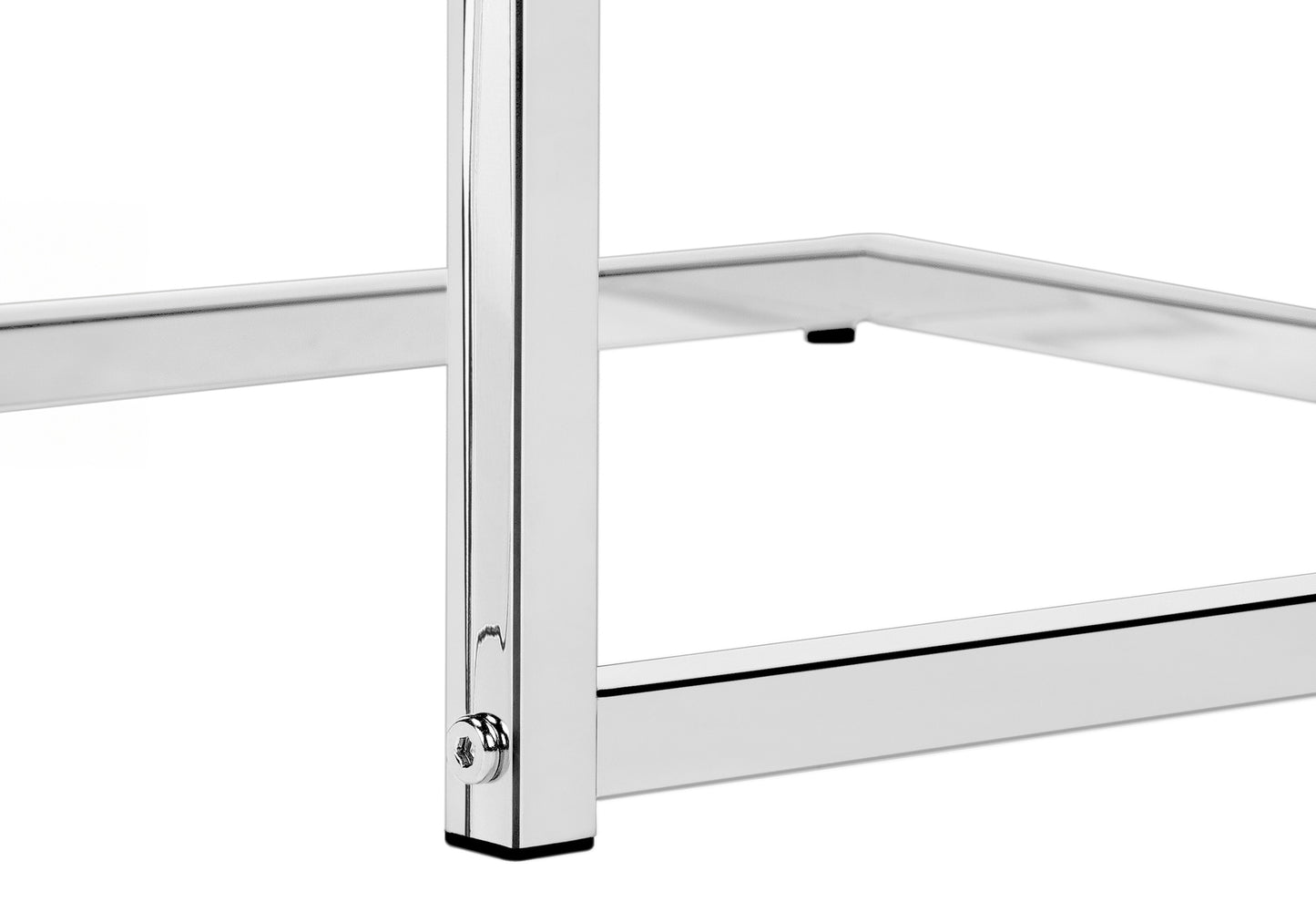Closeup of a polished chrome table leg with visible screw detail