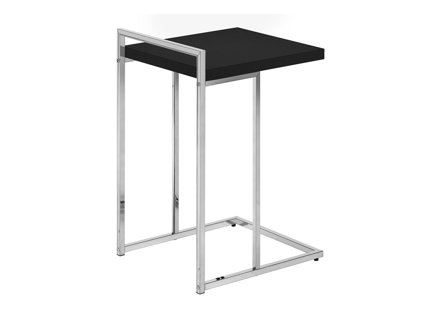 Sleek black end table with a chrome metal frame and modern cshaped design