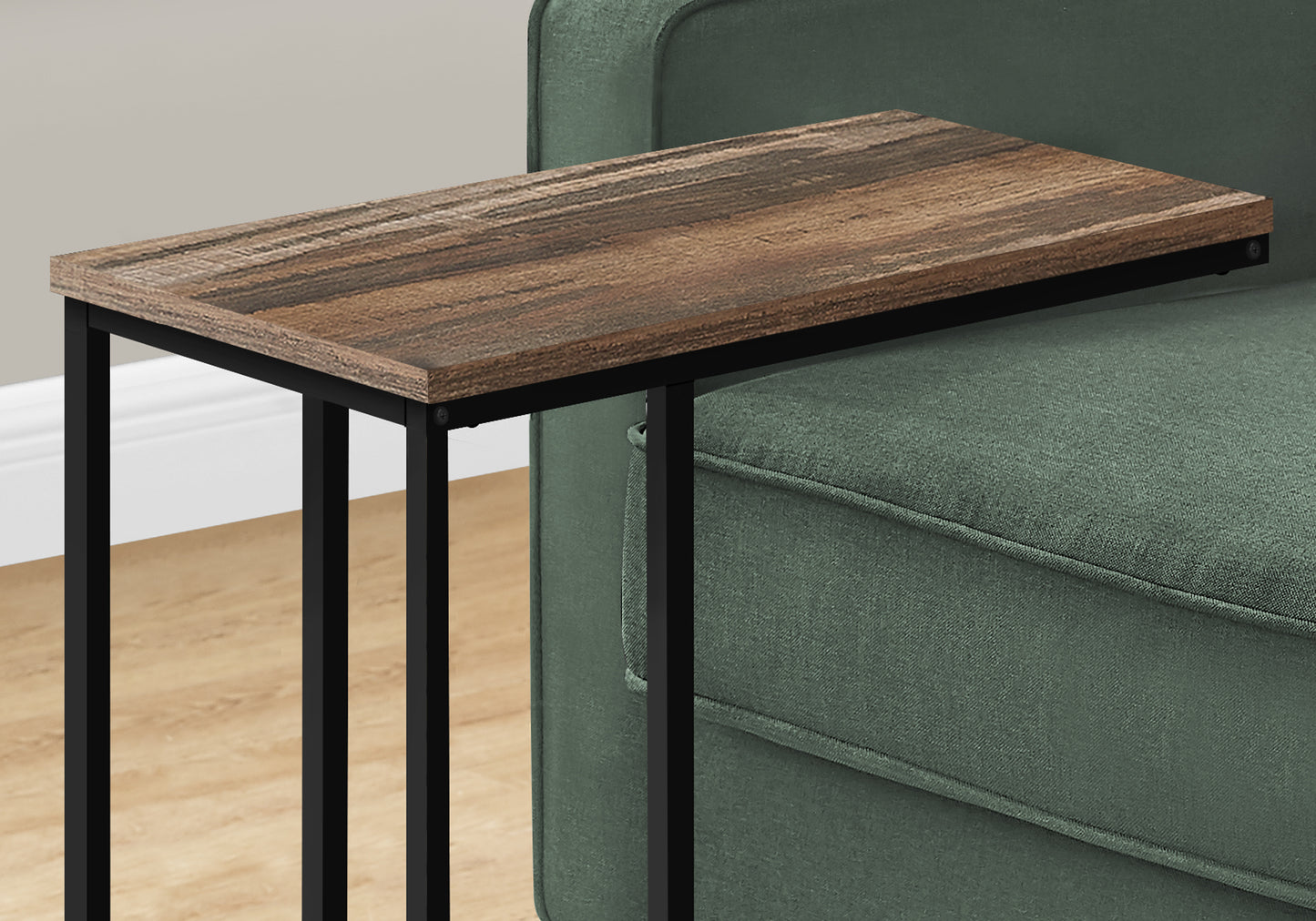 Cshaped side table with rustic wood top and black metal frame