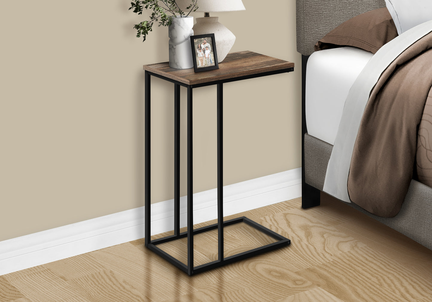 Rustic wood and black metal Ctable perfect for bedside use