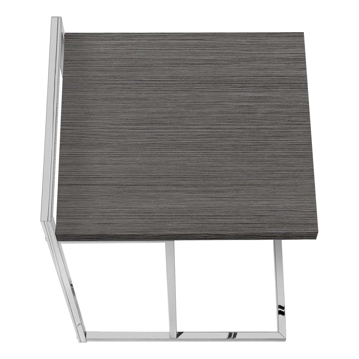 Modern side table with dark wood grain top and polished chrome frame