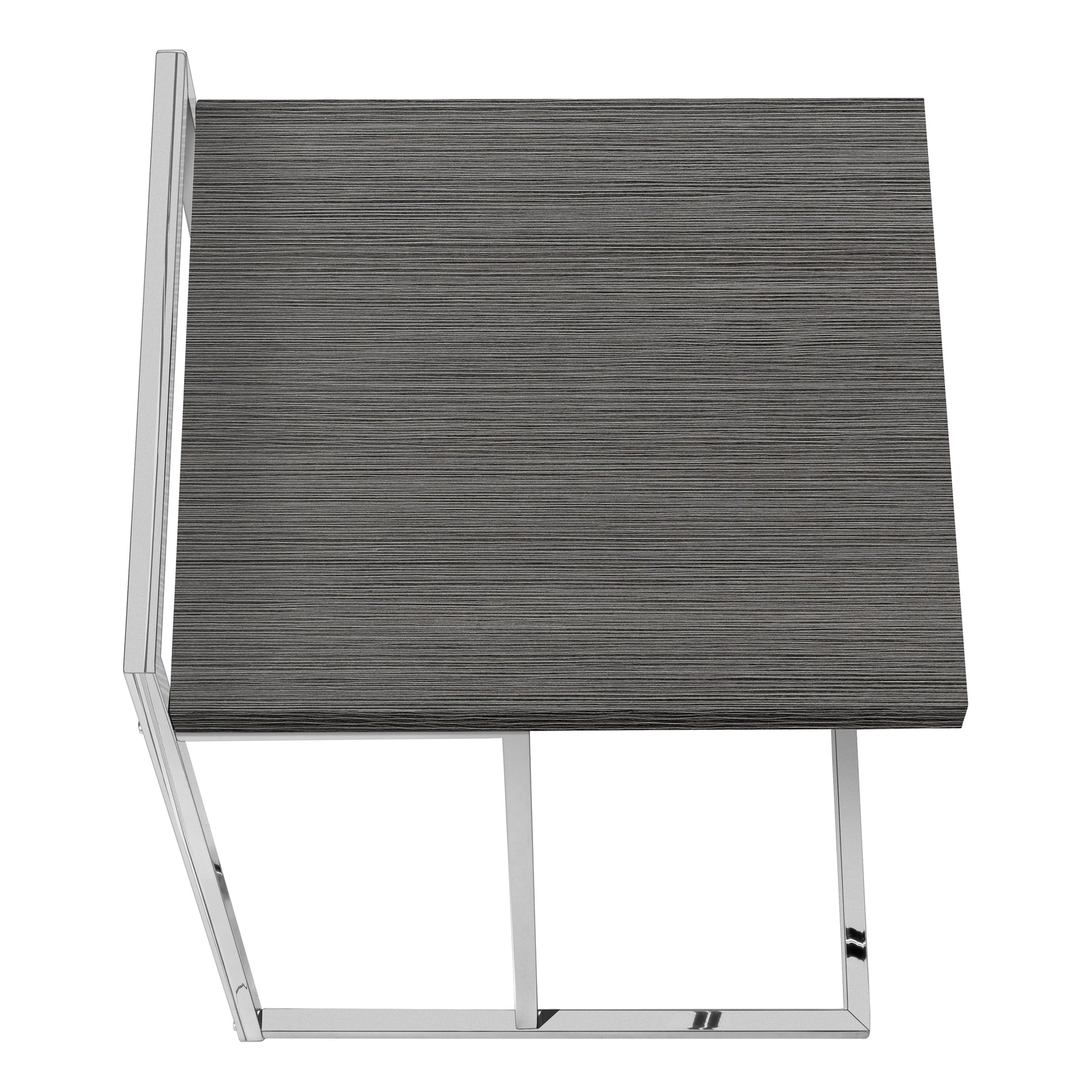 Modern side table with dark wood grain top and polished chrome frame