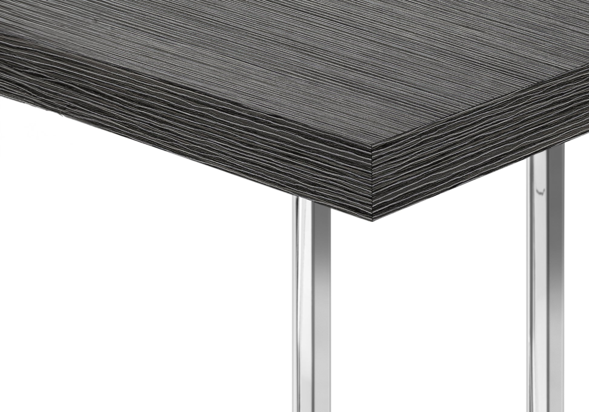 Dark wood grain tabletop with polished chrome legs modern desk