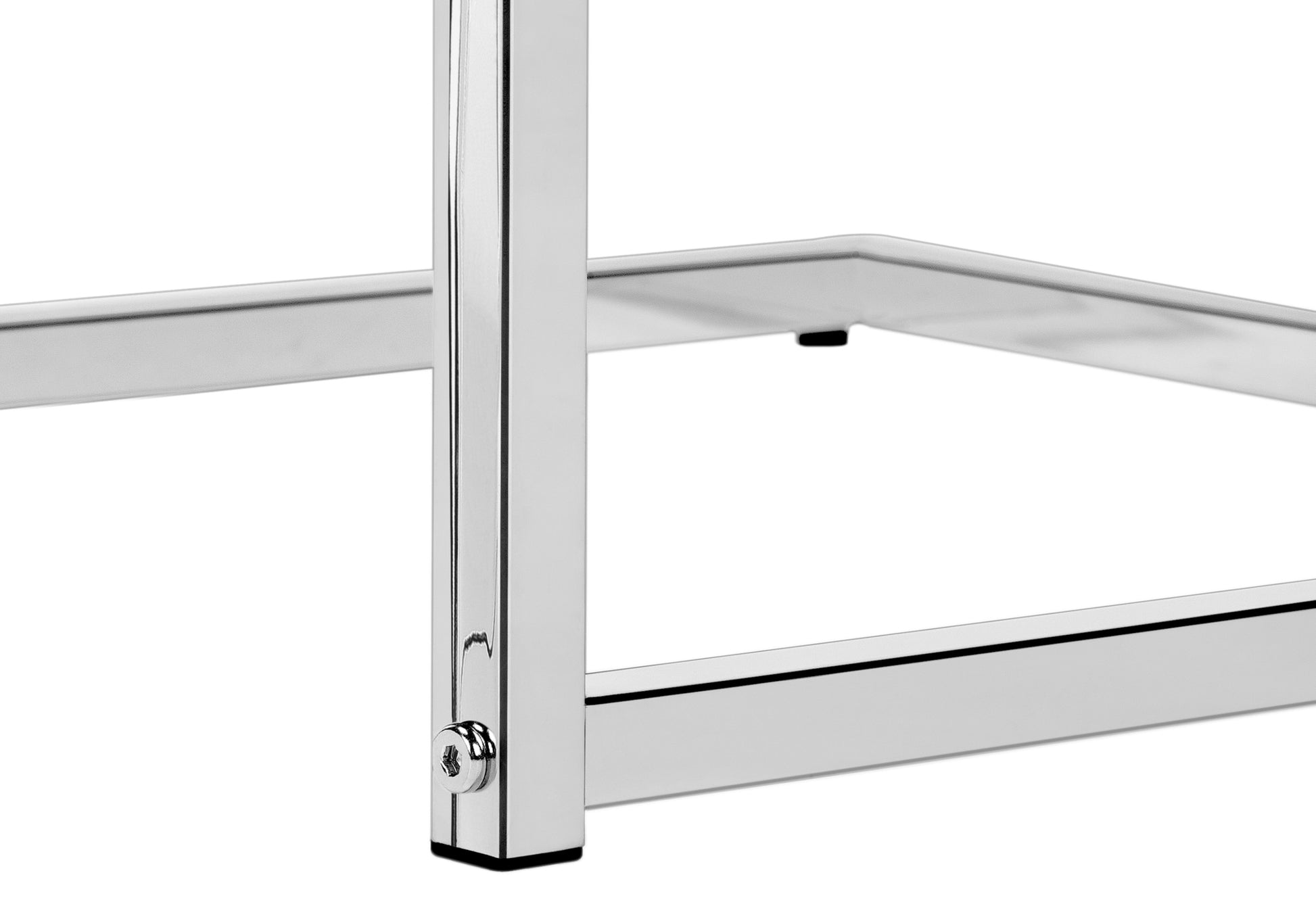Closeup of polished chrome table leg with visible screw detail