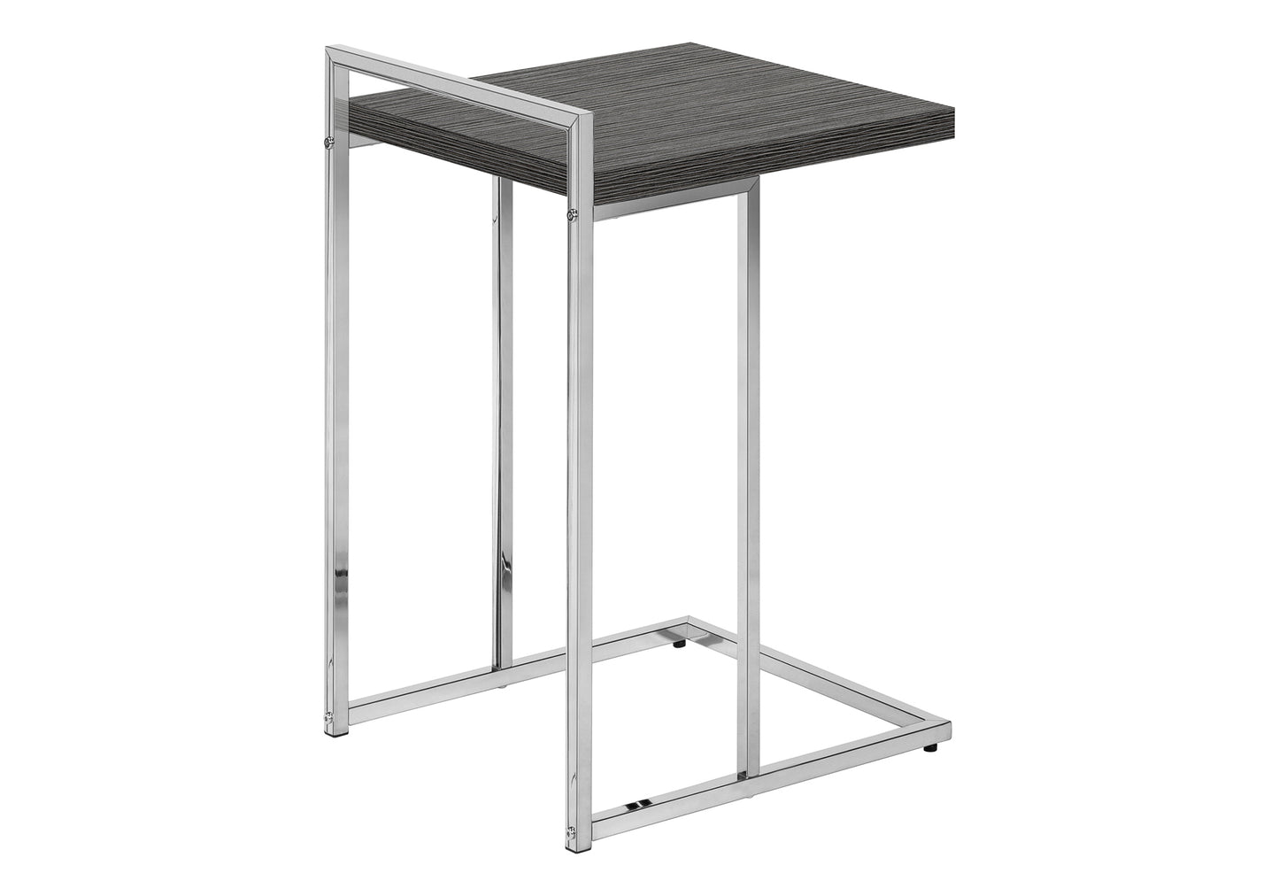 Sleek Ctable with dark wood grain top and polished chrome frame perfect for bedside use