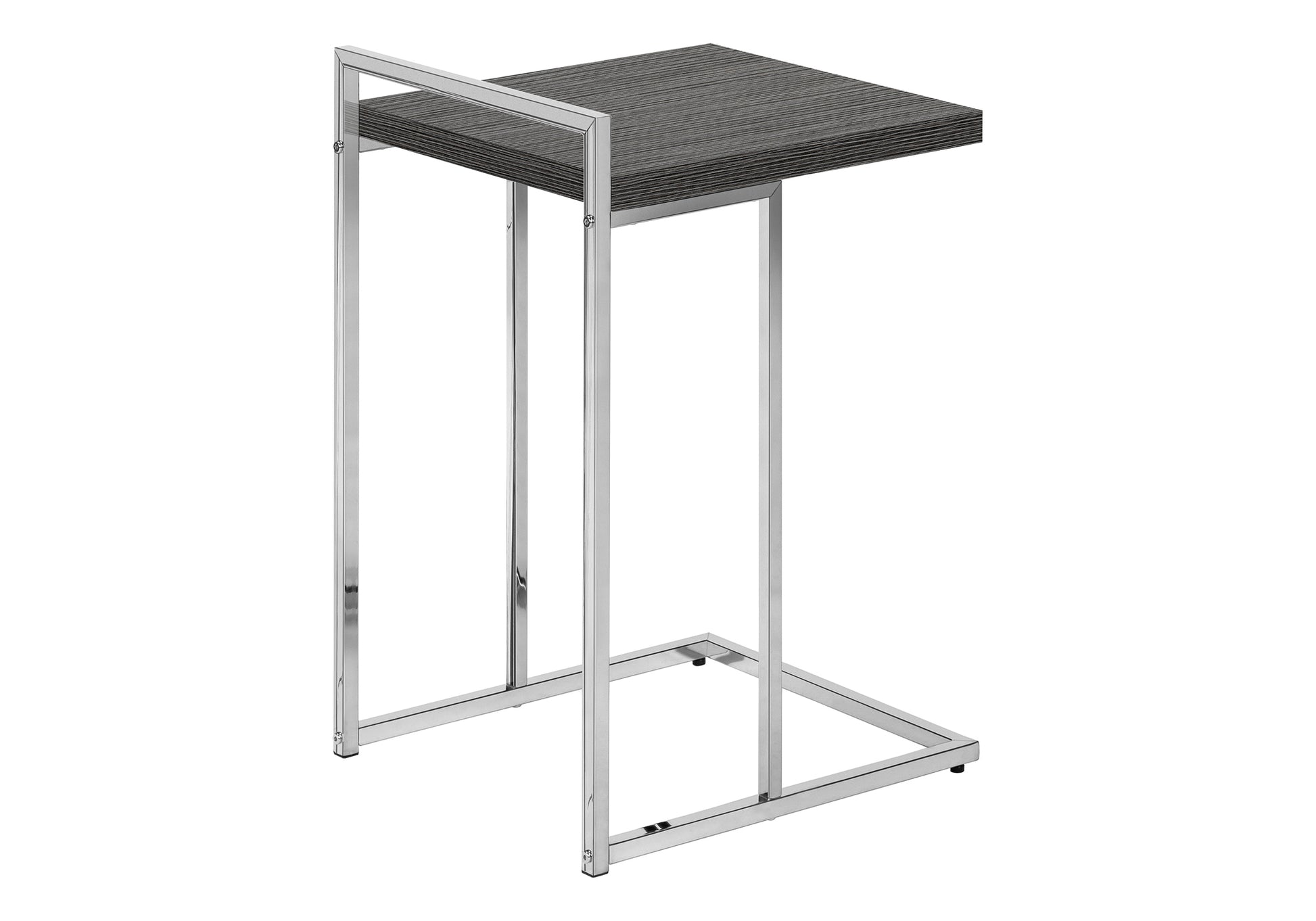 Sleek Ctable with dark wood grain top and polished chrome frame perfect for bedside use
