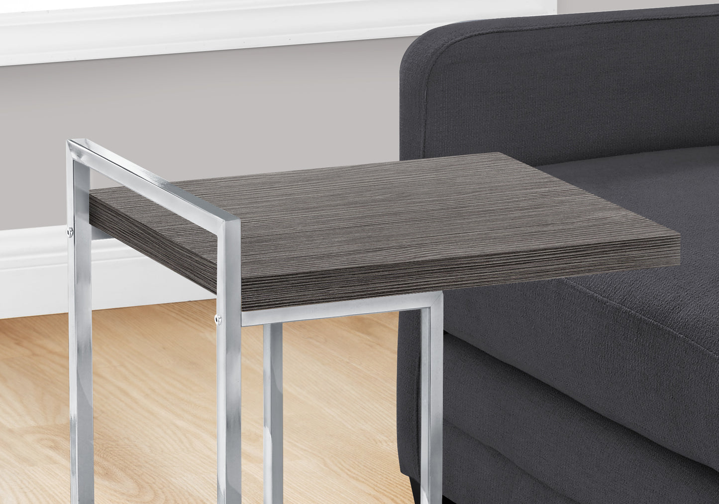 Gray wood grain Ctable with chrome frame ideal for small spaces